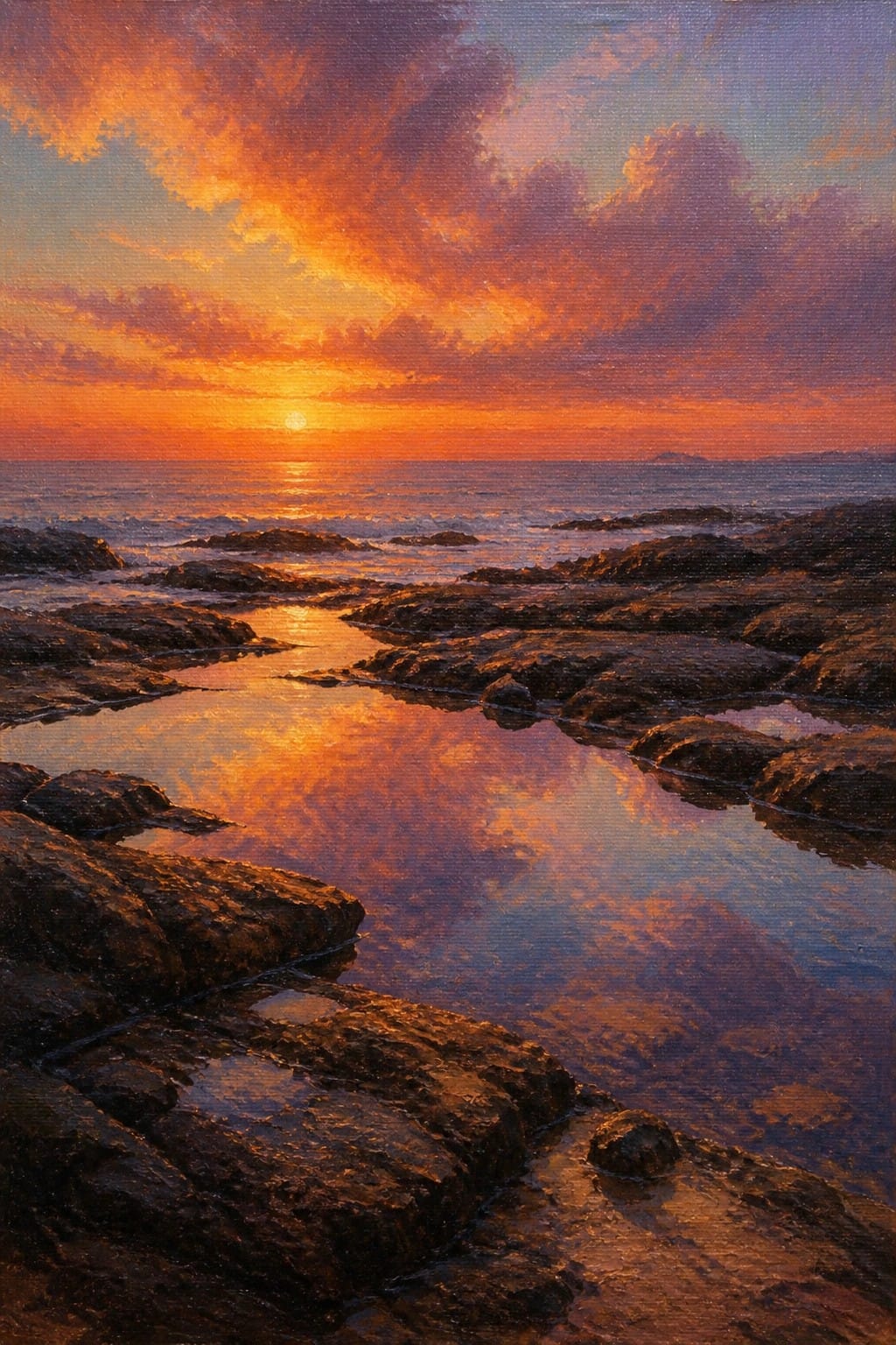 Oil painting of a vibrant sunset reflected in tide pools among dark coastal rocks.