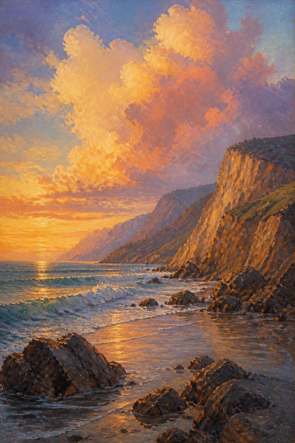 Sunset over rocky coastline with crashing waves, steep cliffs, and vibrant orange-purple clouds.