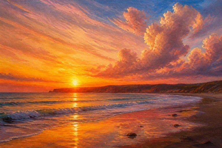18 Dreamy Sunset Oil Painting Ideas for Practicing Warm Gradients and Clouds Dramatic orange sunset over ocean waves crashing on a sandy beach under vibrant clouds.