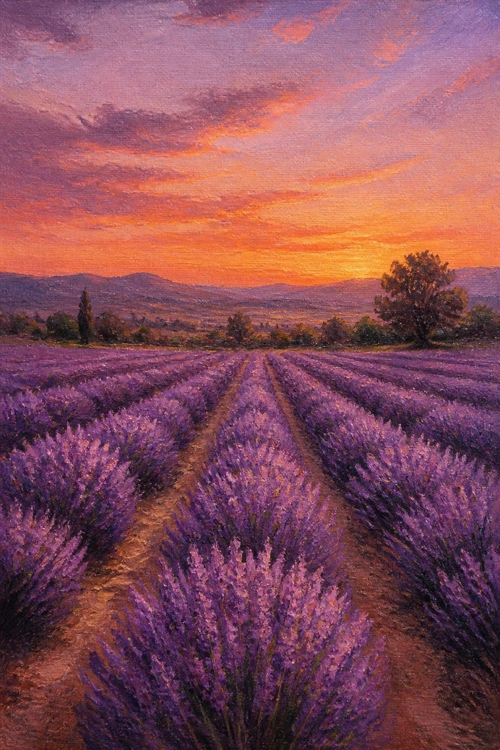 Oil painting of a lavender field at sunset with rows of purple flowers, a dirt path, distant hills, and an orange-purple sky with clouds.