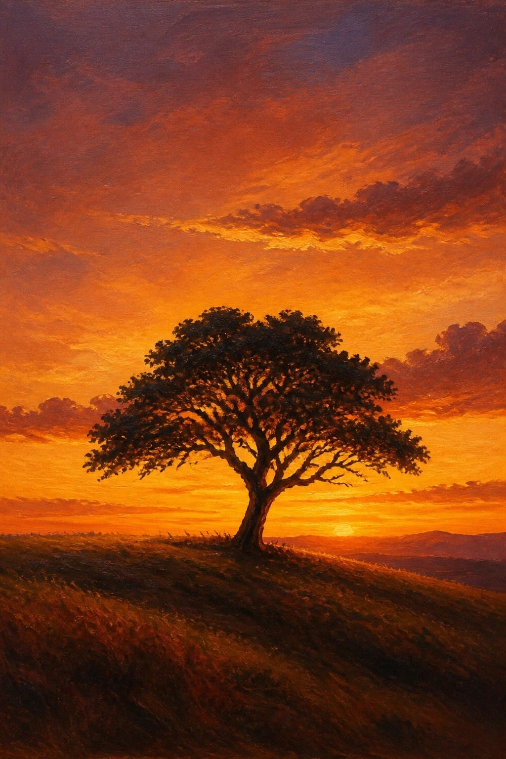 Solitary tree silhouetted on grassy hill against fiery orange-red sunset sky