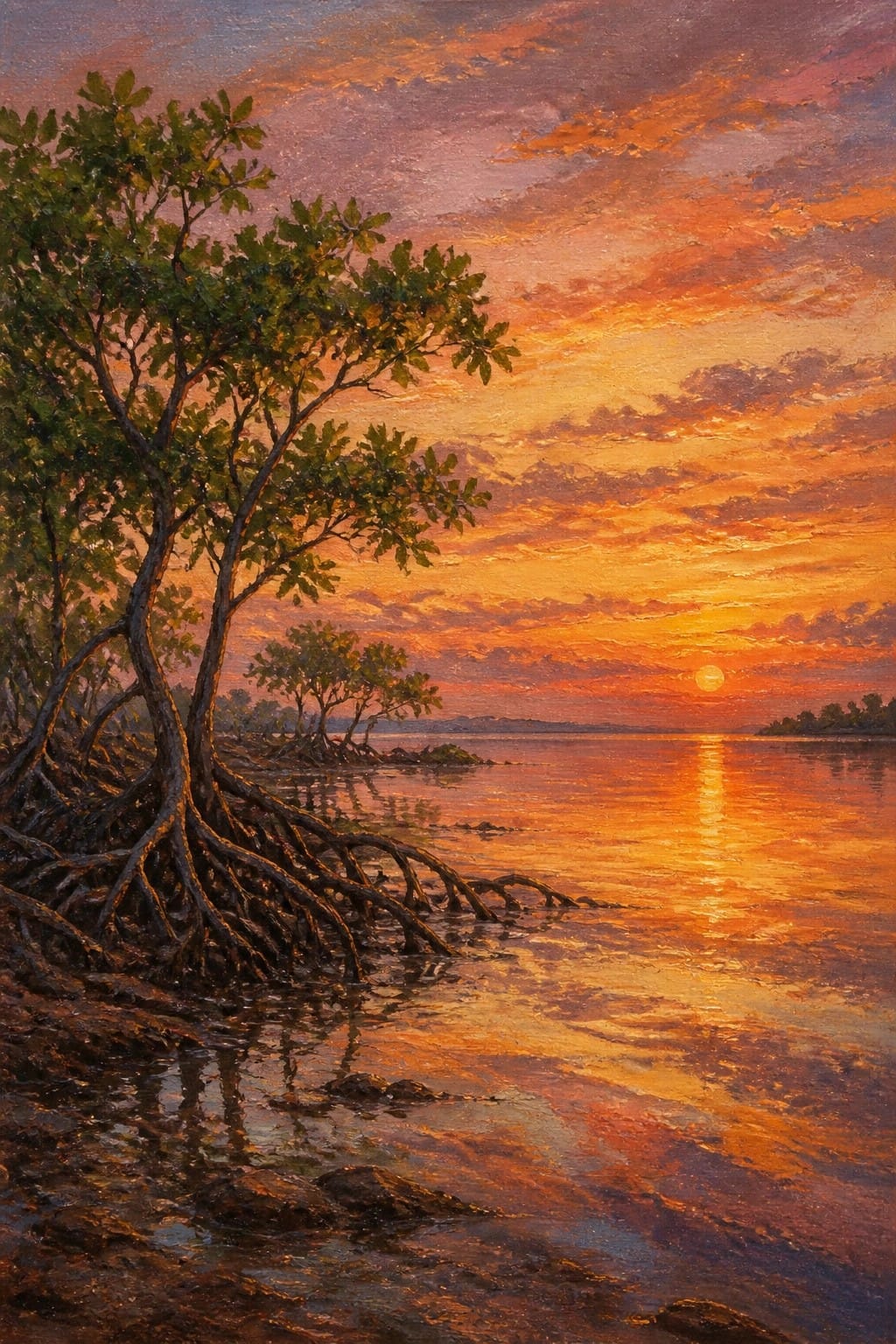 Vibrant sunset painting with orange sky, reflective water, and mangrove roots on shore.