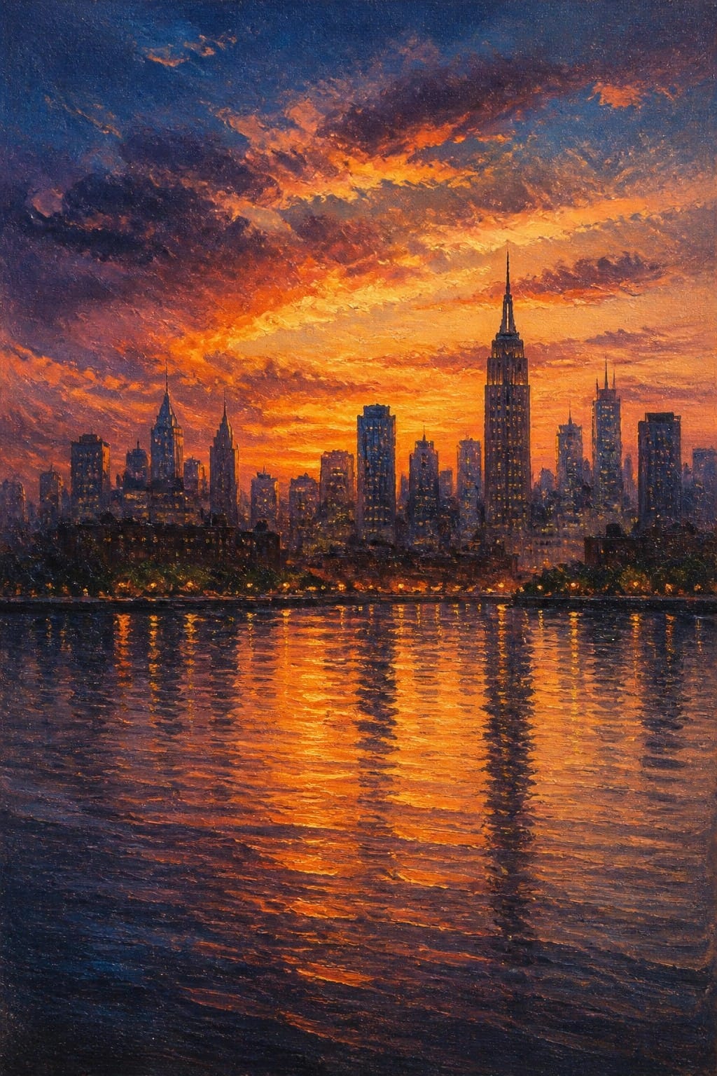 NYC skyline at vibrant orange sunset with glowing water reflections