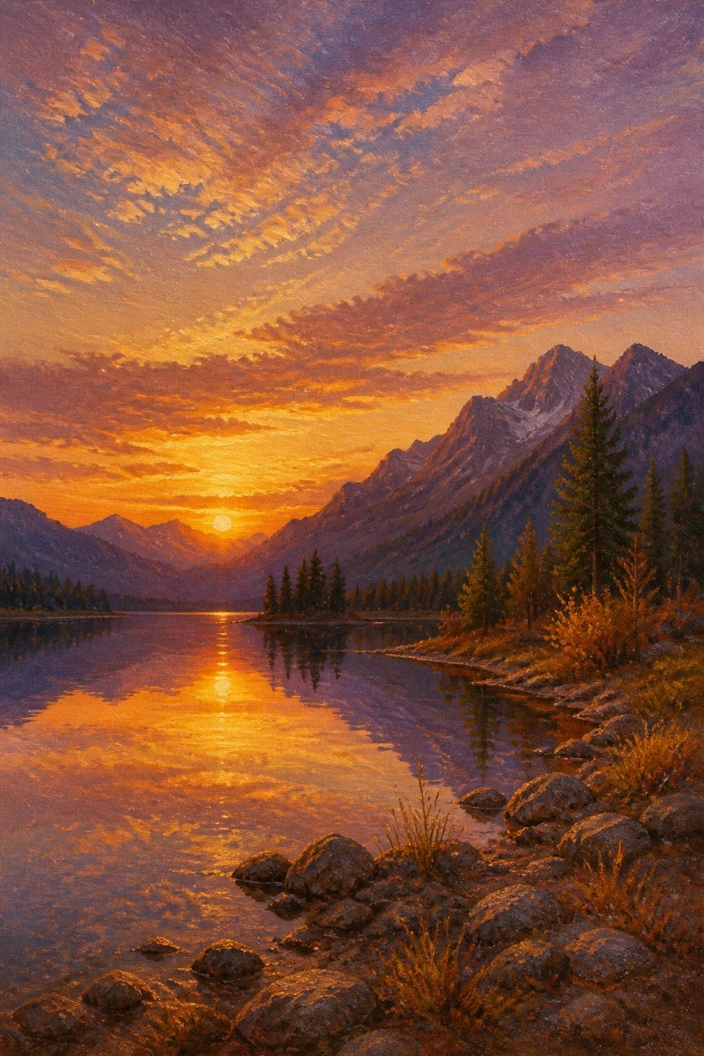 Oil painting of a sunset over a mountain lake with the sun low on the horizon, warm reflections on the water, and a rocky shoreline in the foreground.