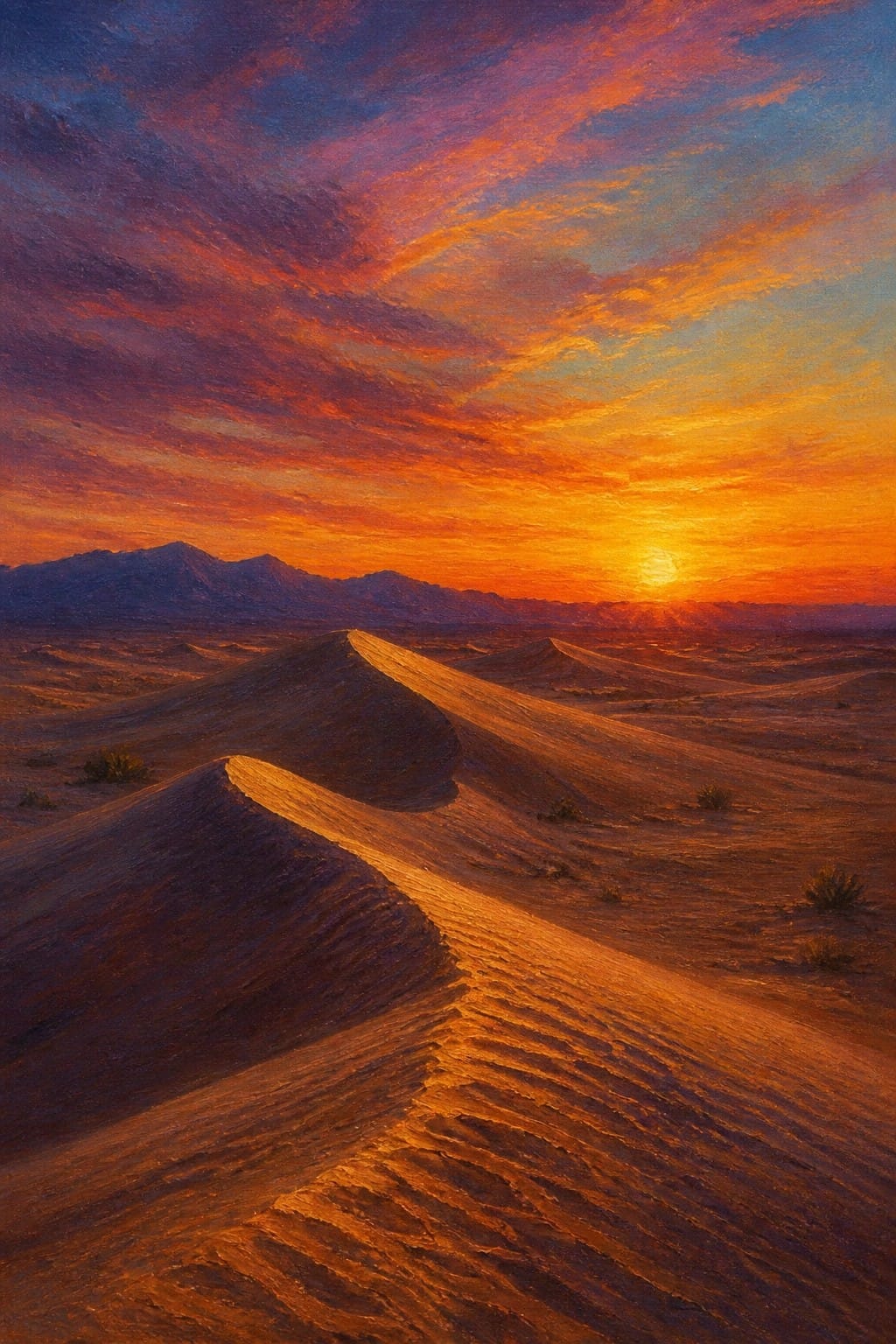 Vibrant sunset over rippled desert sand dunes with distant mountains and fiery sky.