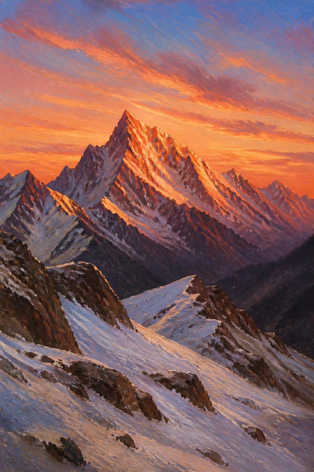 Rugged snow peaks glowing orange under dramatic red-streaked sunset sky in oil painting
