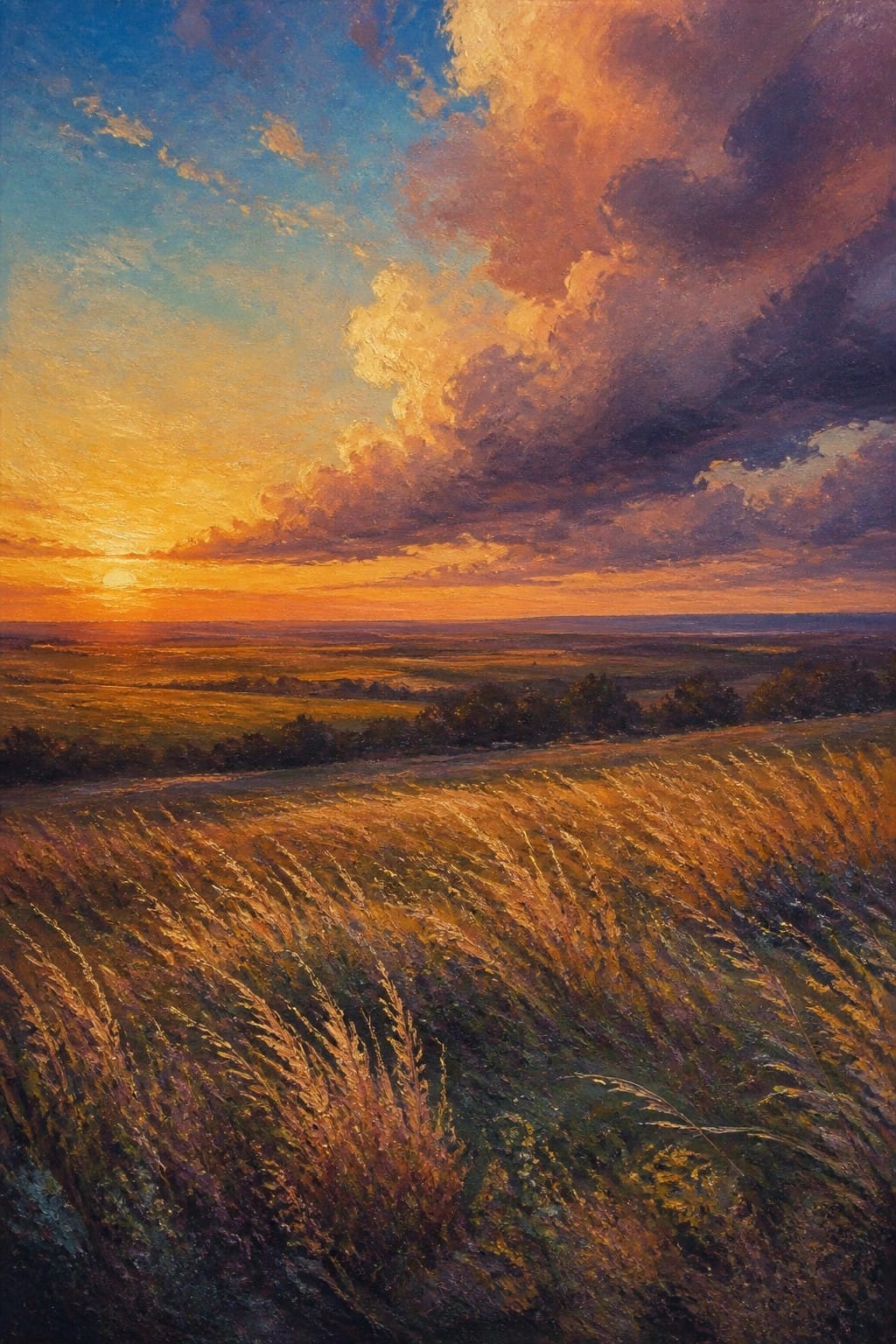 Golden sunset over wind-swept grassy fields beneath dramatic orange clouds