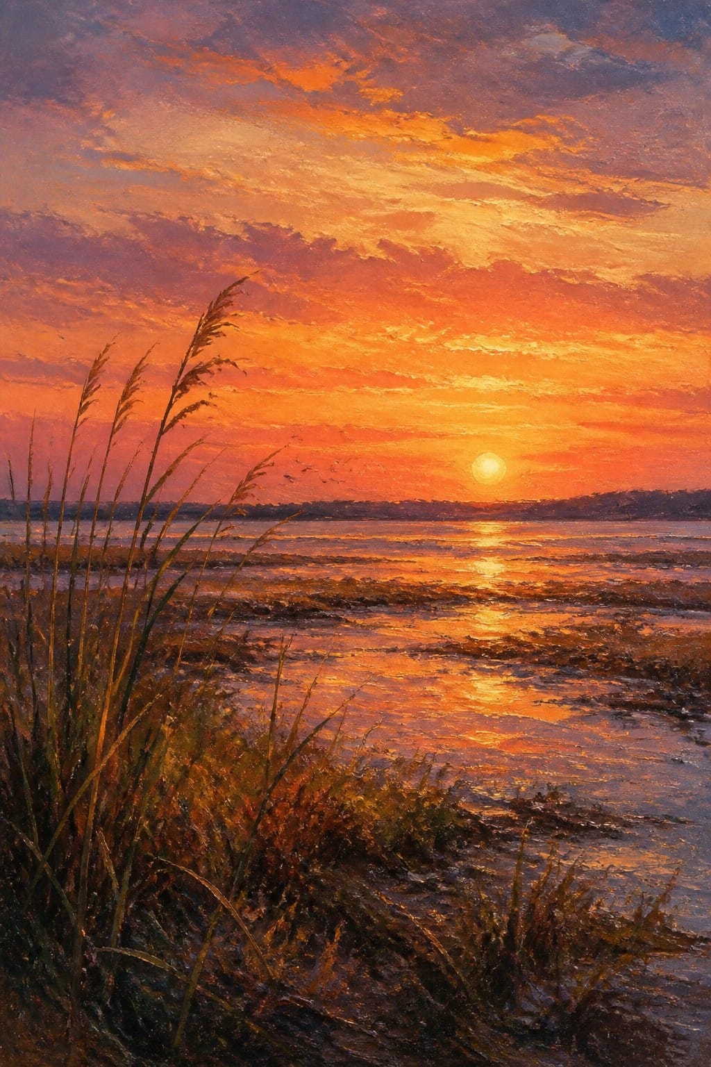 Vibrant oil painting of orange sunset over reflective water with tall foreground grasses.