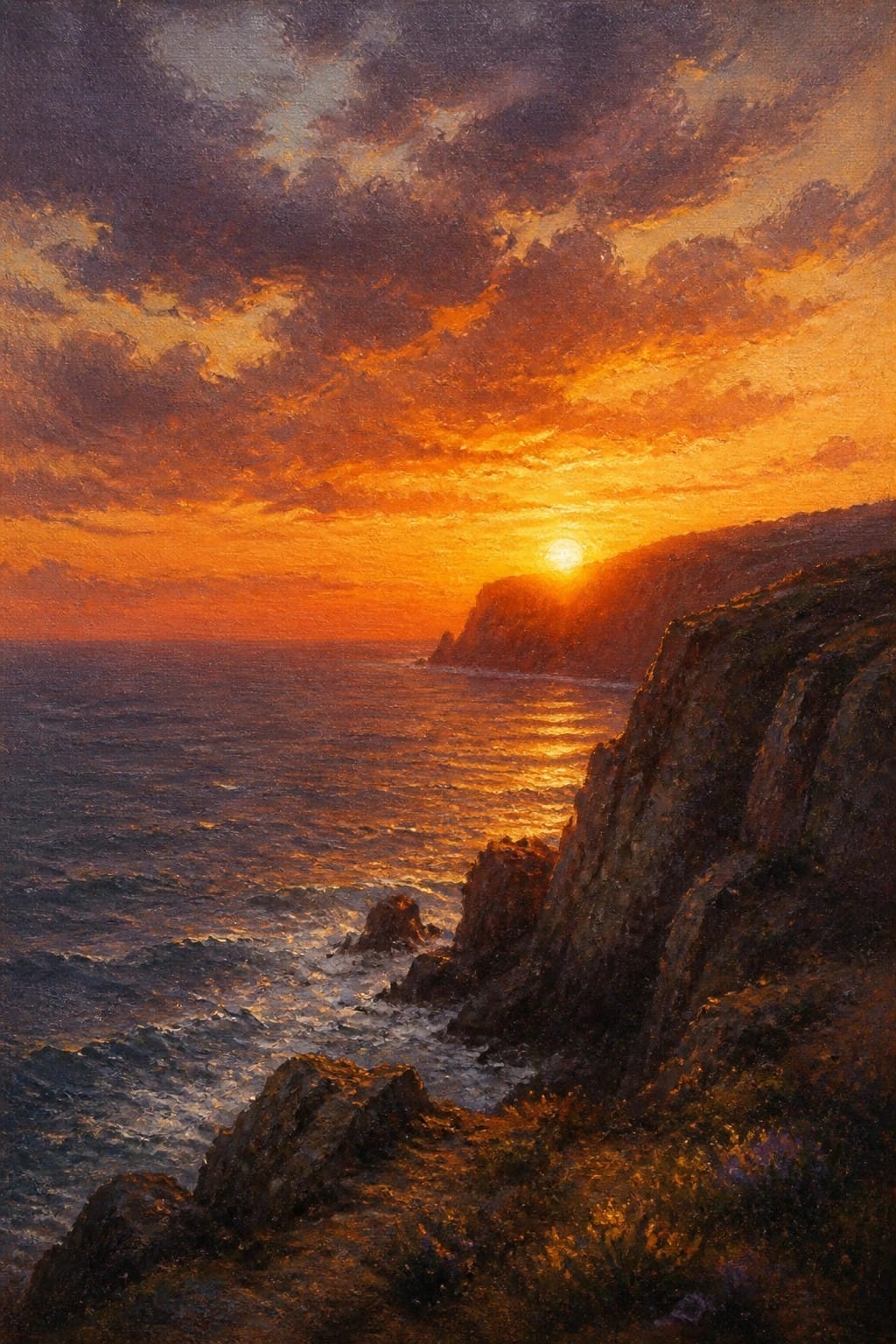 Oil painting of a sunset over the ocean viewed from a rocky cliff, with the sun low behind a distant headland and dramatic orange and purple clouds filling the sky.
