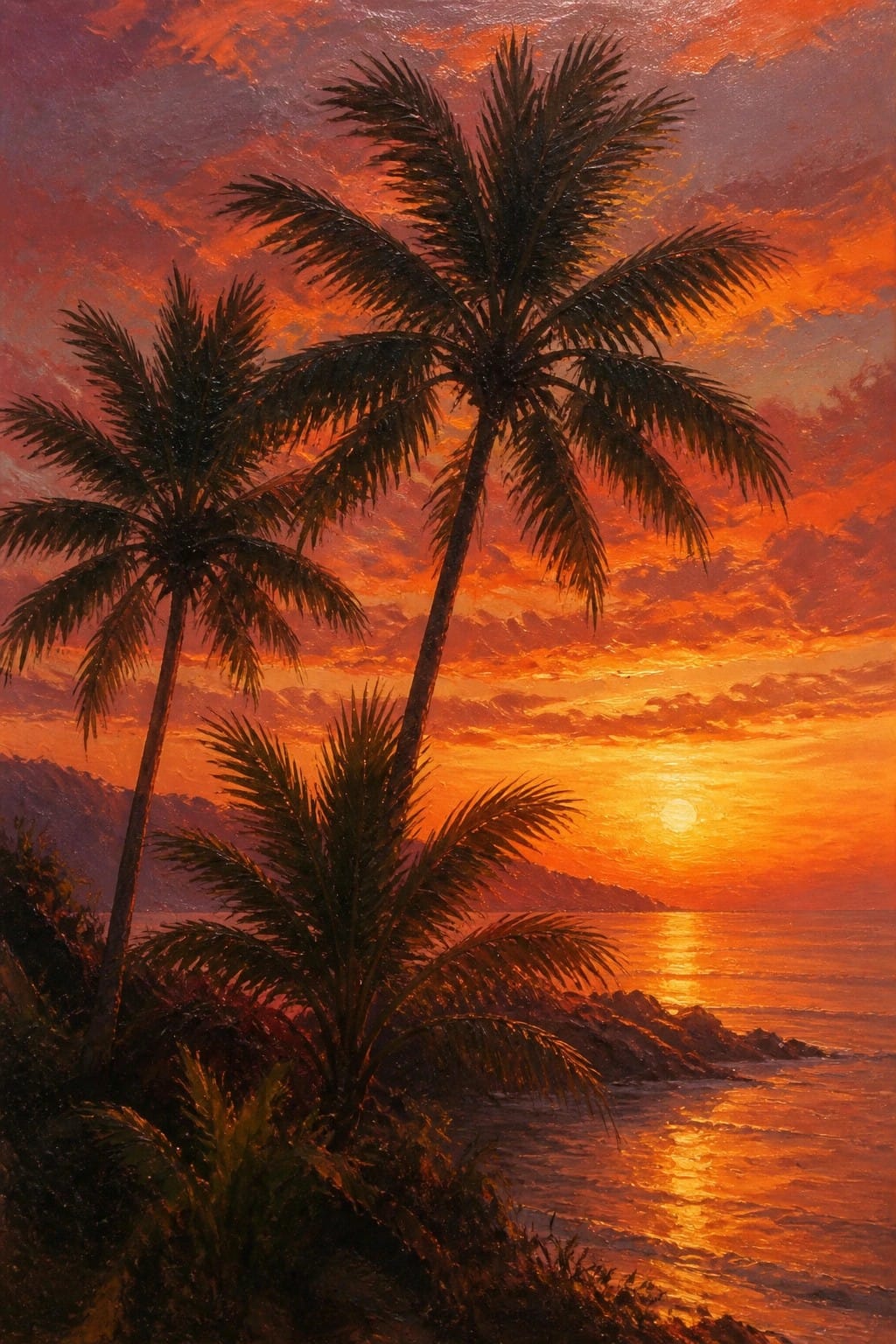 Palm trees silhouetted against a vibrant orange-red ocean sunset at dusk