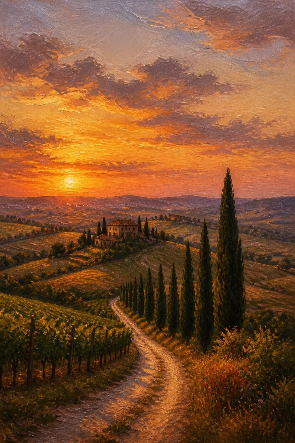 Tuscan sunset painting with villa, cypress trees, vineyards, and winding dirt path.