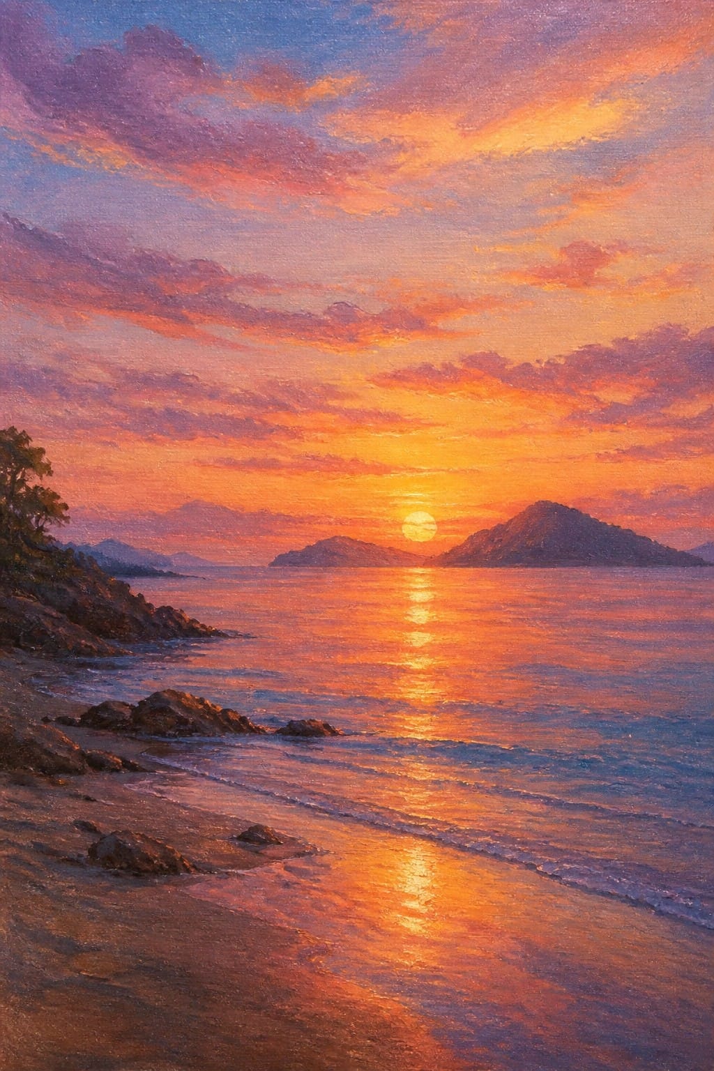 An oil painting of a vibrant sunset over the ocean with the sun low on the horizon, its reflection stretching across the water, distant mountains, and a rocky beach in the foreground.