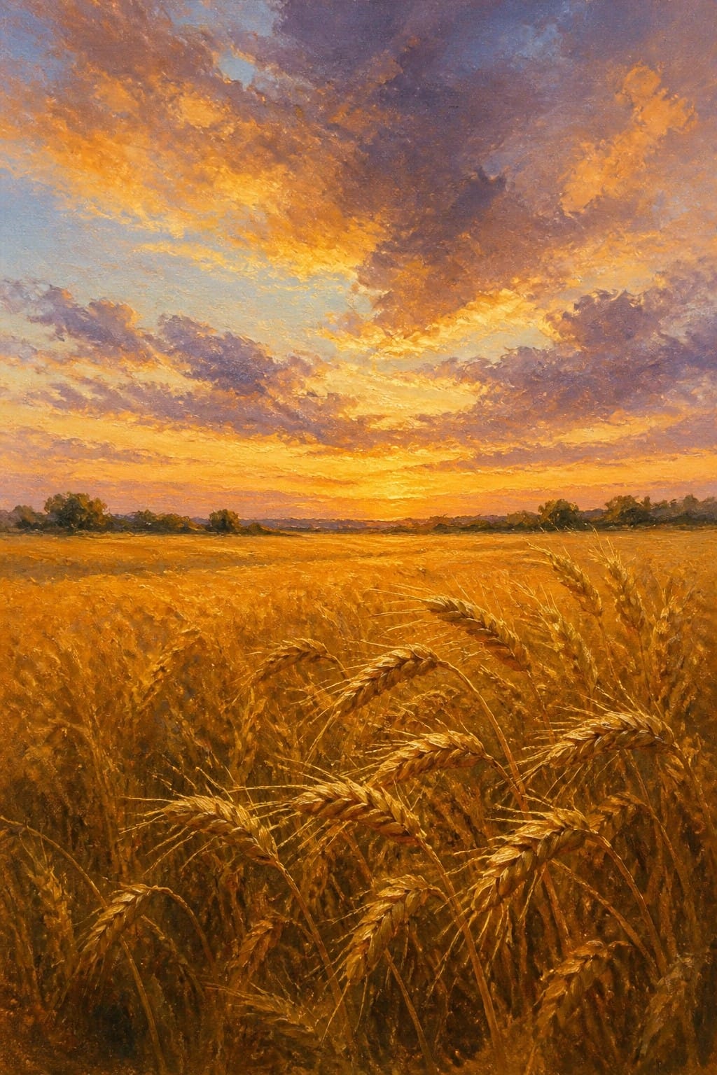 An oil painting of golden wheat stalks in the foreground with a vast field stretching toward a horizon under a sunset sky filled with orange, purple, and blue clouds.