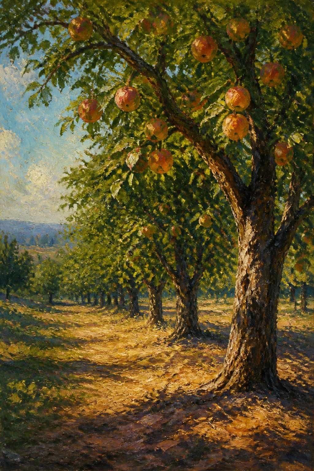 Sunlit apple orchard with ripe red fruits on leafy green trees