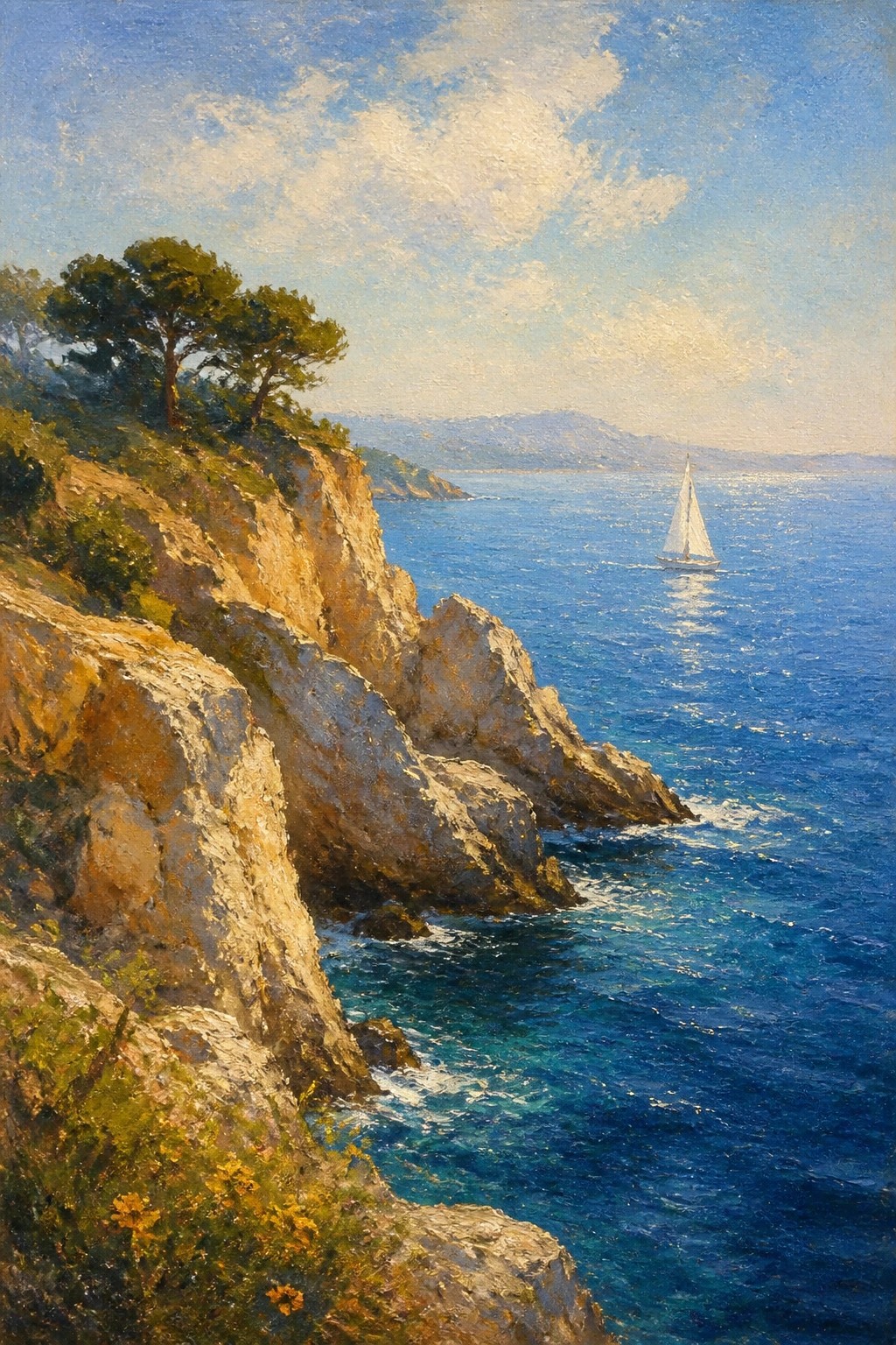 Sailboat on blue sea beside steep rocky cliffs with green trees and flowers