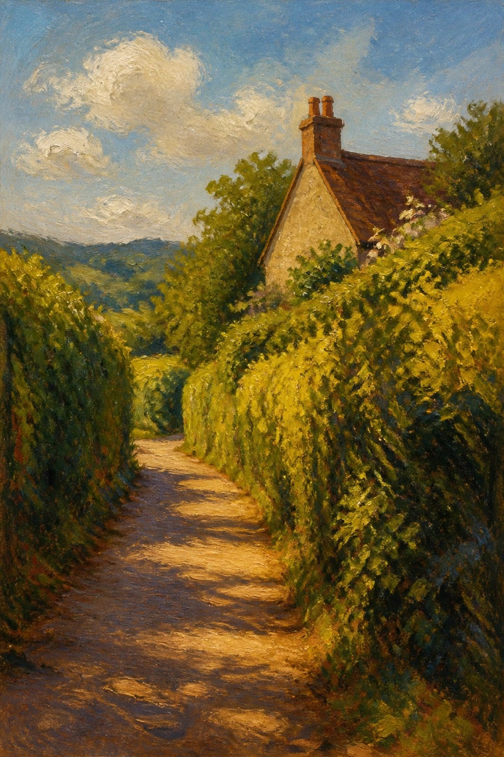 Sunlit dirt path winds between lush green hedges toward a rural cottage