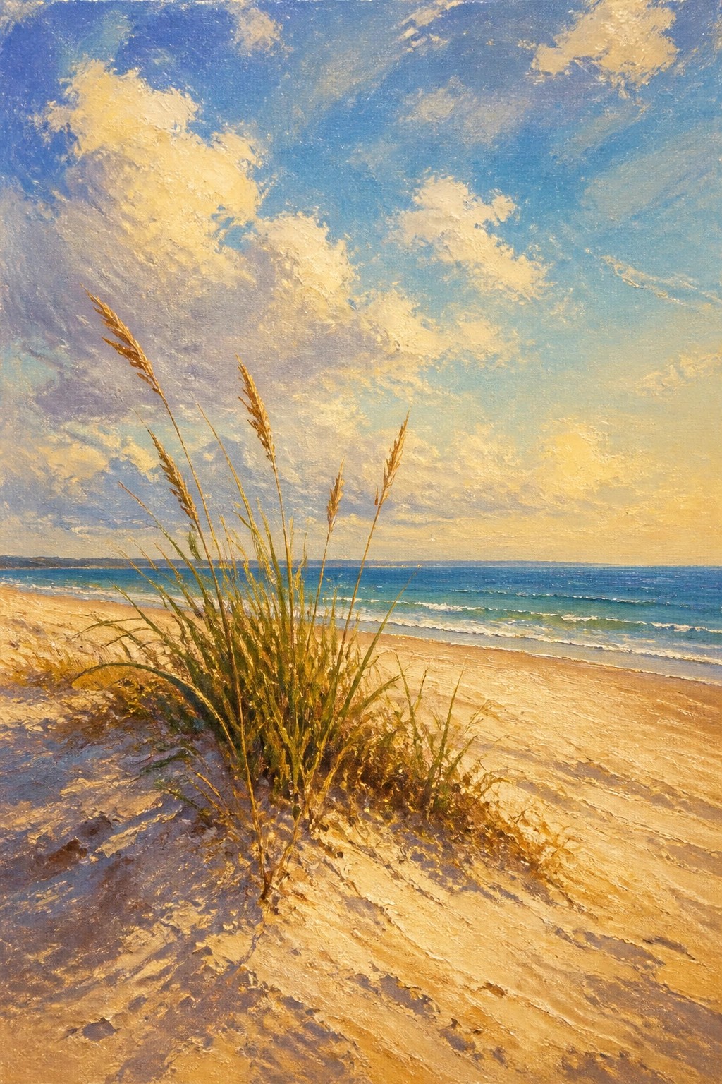 An oil painting of tall grass on a sandy beach dune with the ocean and blue sky visible in the background.