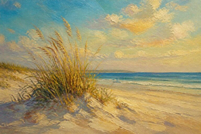 An oil painting of tall grass on a sandy beach dune with the ocean and blue sky visible in the background.