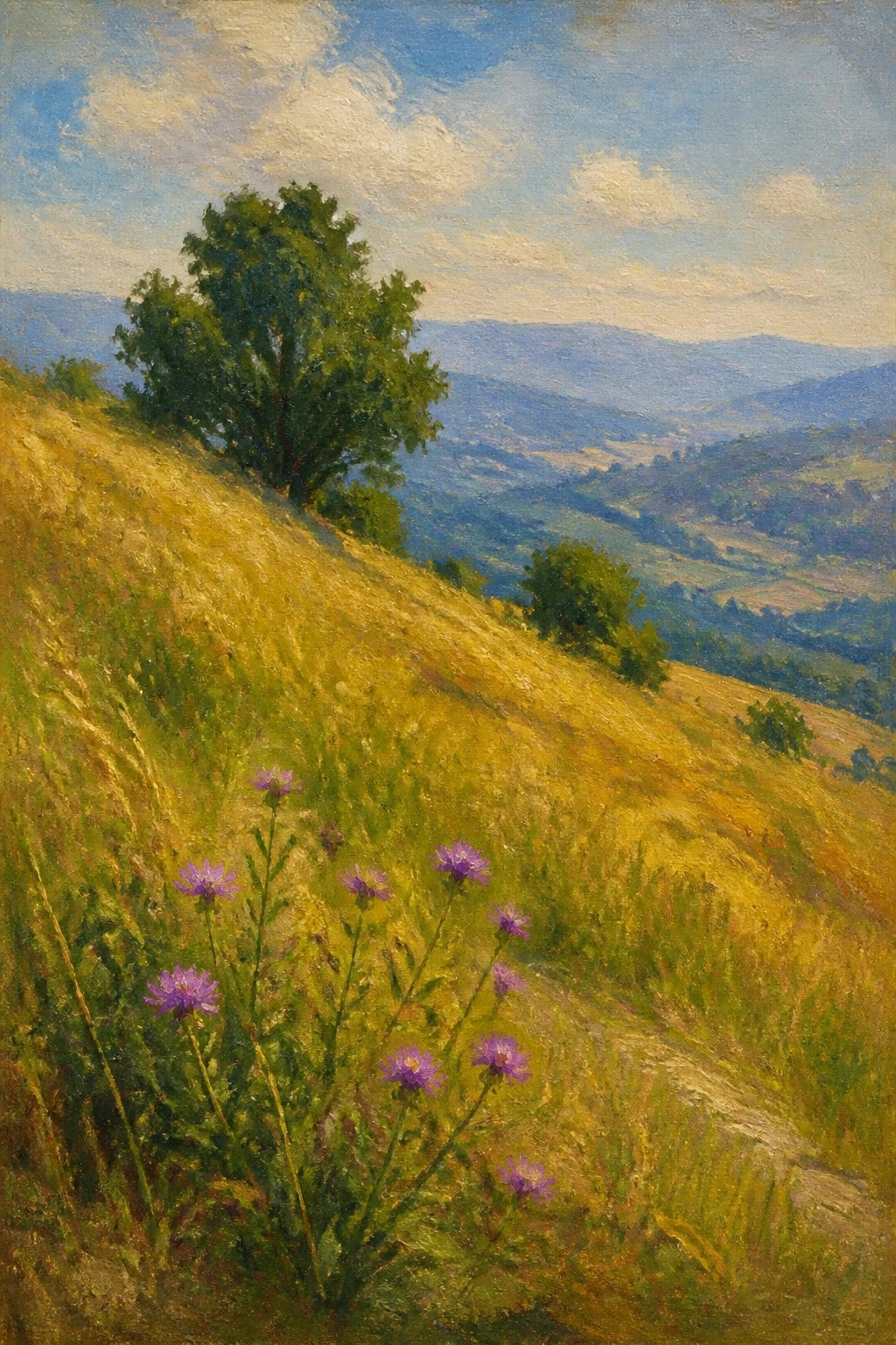 Golden hillside with purple wildflowers overlooking misty blue mountains and valleys