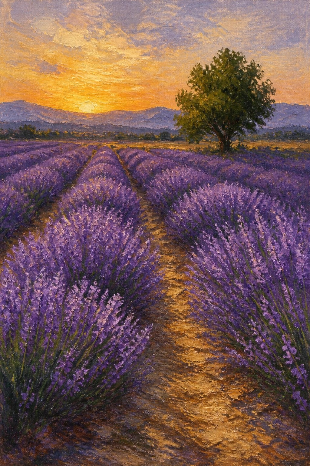 Rows of purple lavender flank a winding path at sunset with lone tree and mountains.