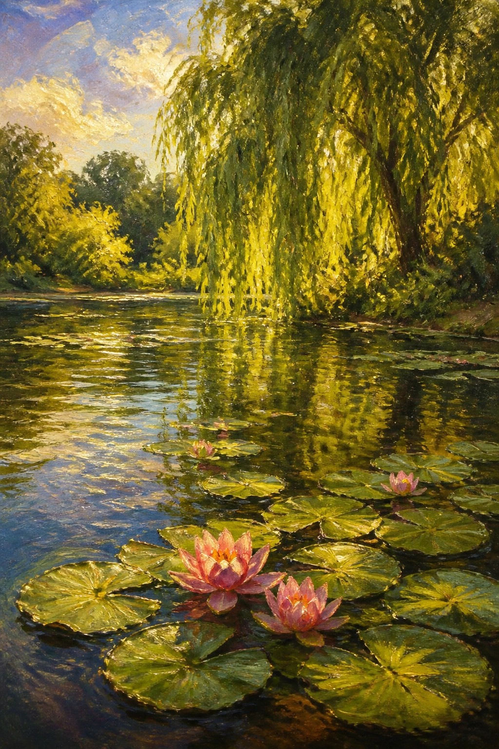 Sunlit pond with pink water lilies and lily pads beneath a weeping willow tree
