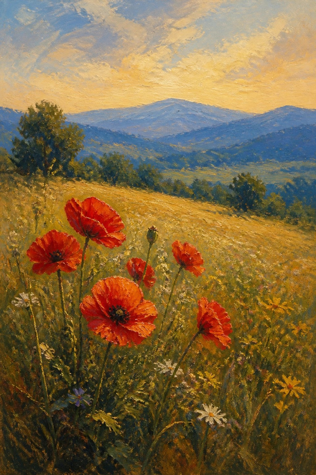 Red poppies blooming in a wildflower meadow with distant blue mountains at sunset