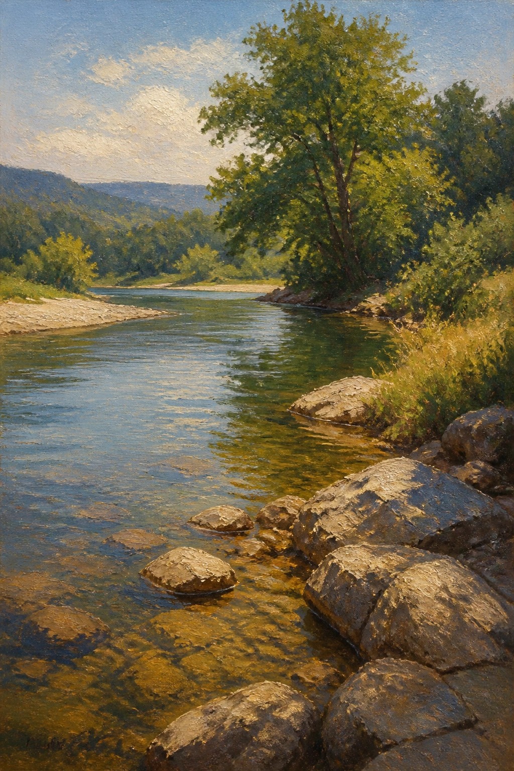 An oil painting shows a clear river with brown rocks in shallow water, trees along the right bank, and hills under a blue sky.