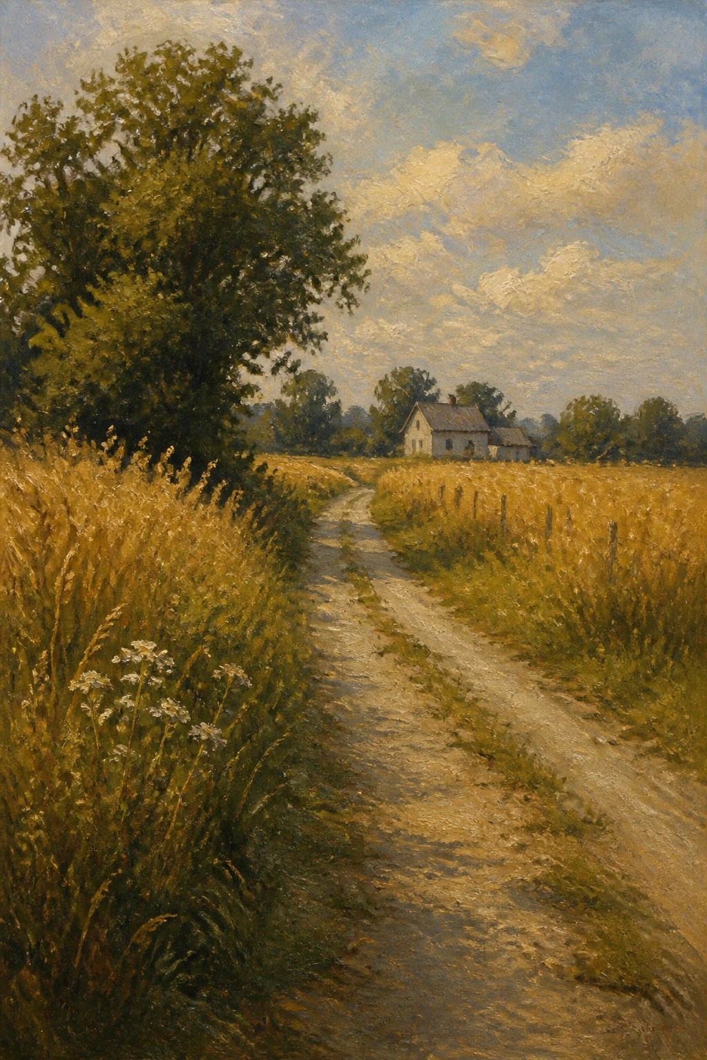 Winding dirt path through golden fields with wildflowers leading to a white house