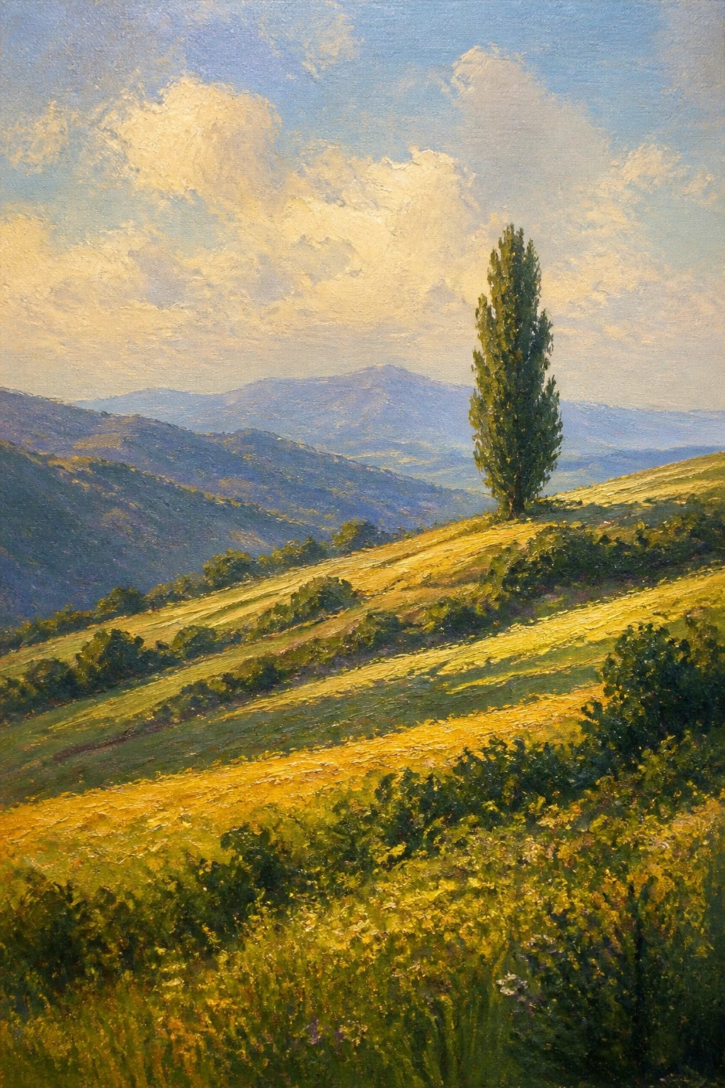 Impressionist landscape of golden rolling hills with a lone tall tree and distant mountains.