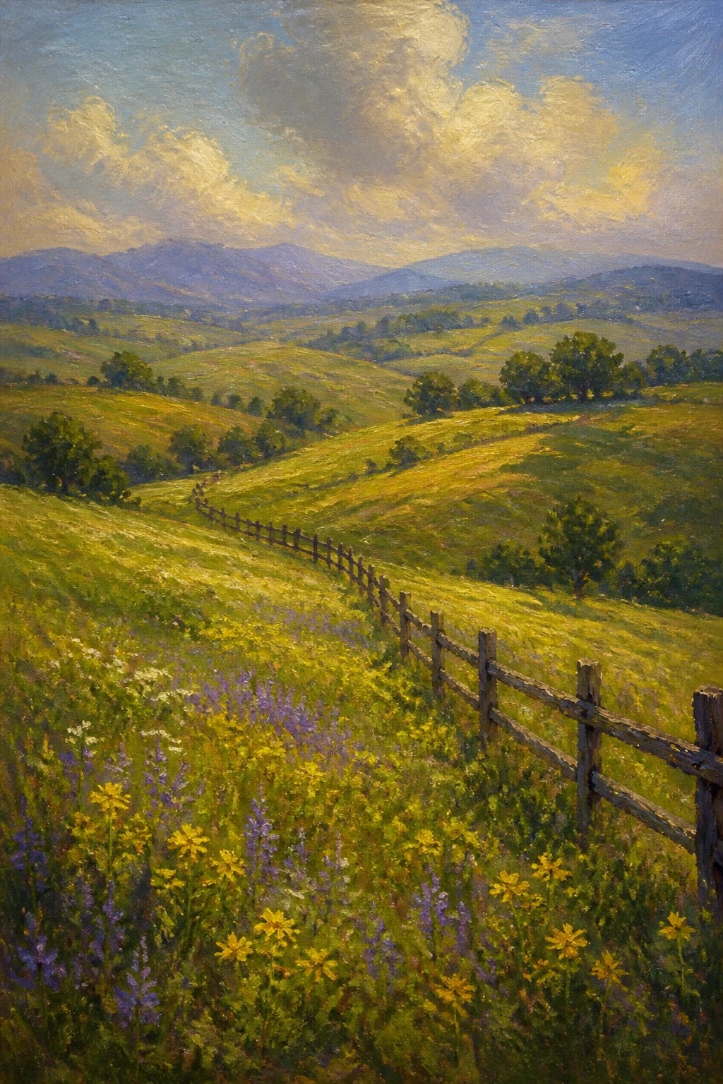 Rolling green hills with wooden fence amid yellow and purple wildflowers under cloudy sky.