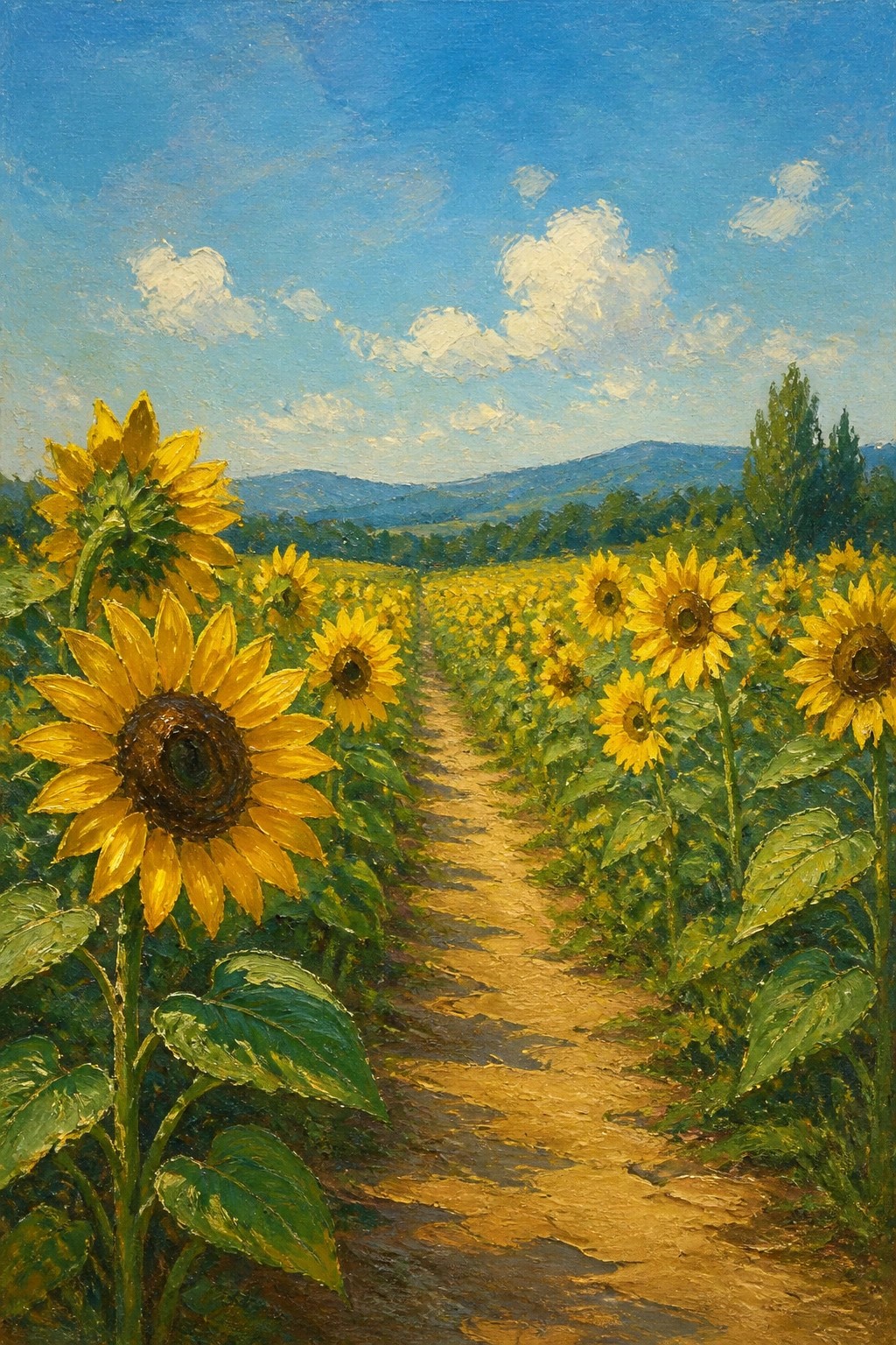 An oil painting of a dirt path running through a sunflower field with distant hills under a blue sky with clouds.