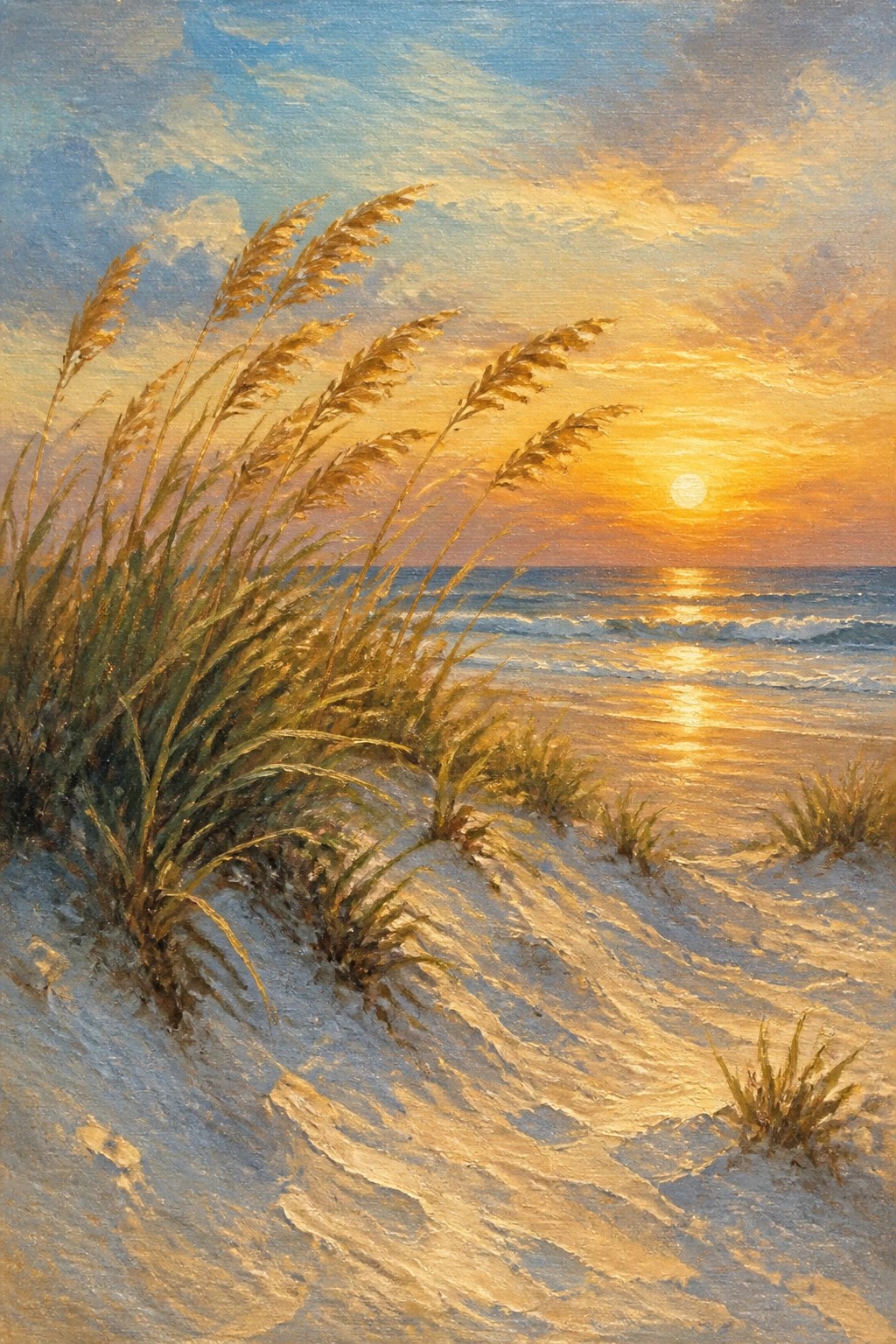 A realistic oil painting of a beach at sunset with tall golden grass on sand dunes in the foreground, gentle waves, and a bright sun low over the ocean with its reflection on the water.