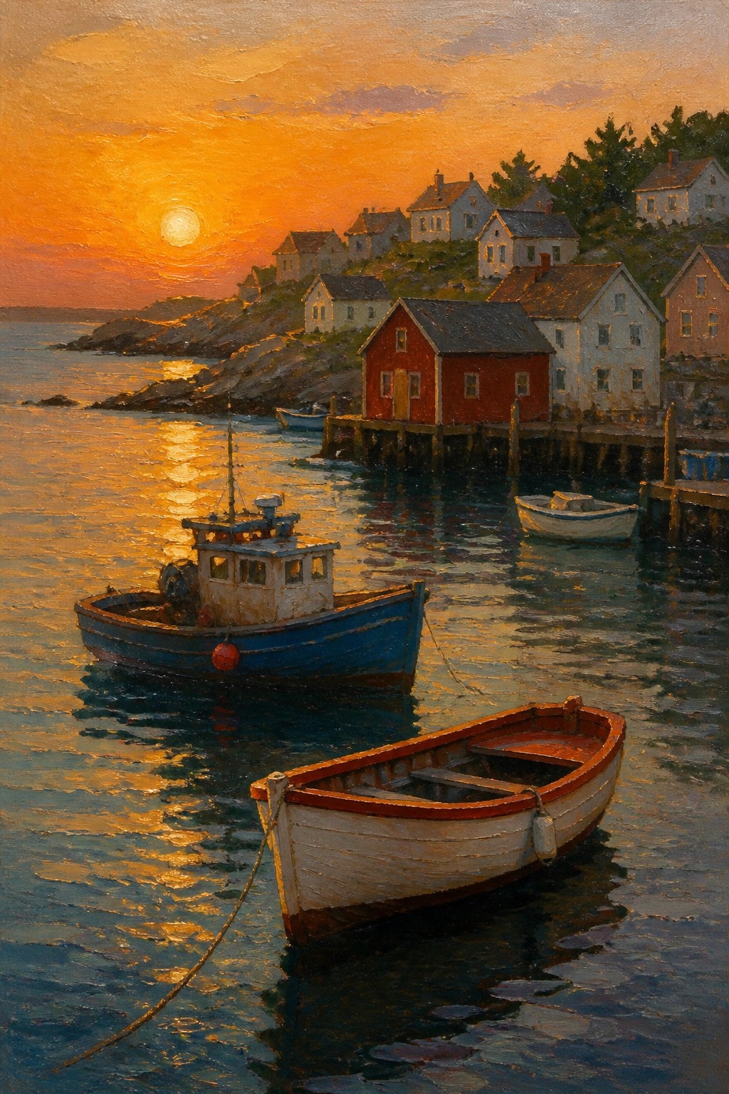 Sunset harbor painting with blue boat, rowboat, red house, and hillside homes.