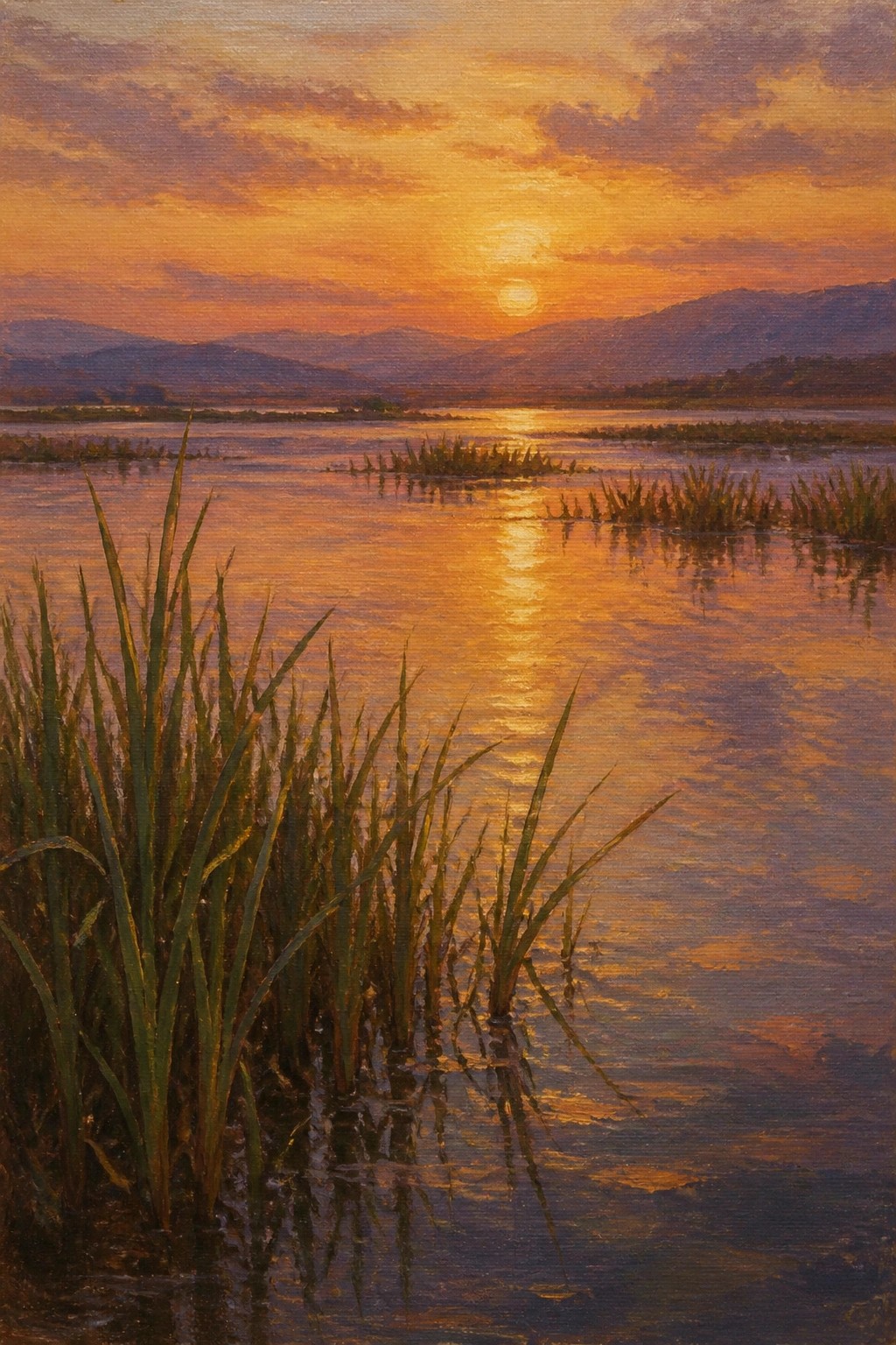 An oil painting of a sunset over a calm marsh with tall reeds in the foreground, glowing water reflections, and mountains in the distance.