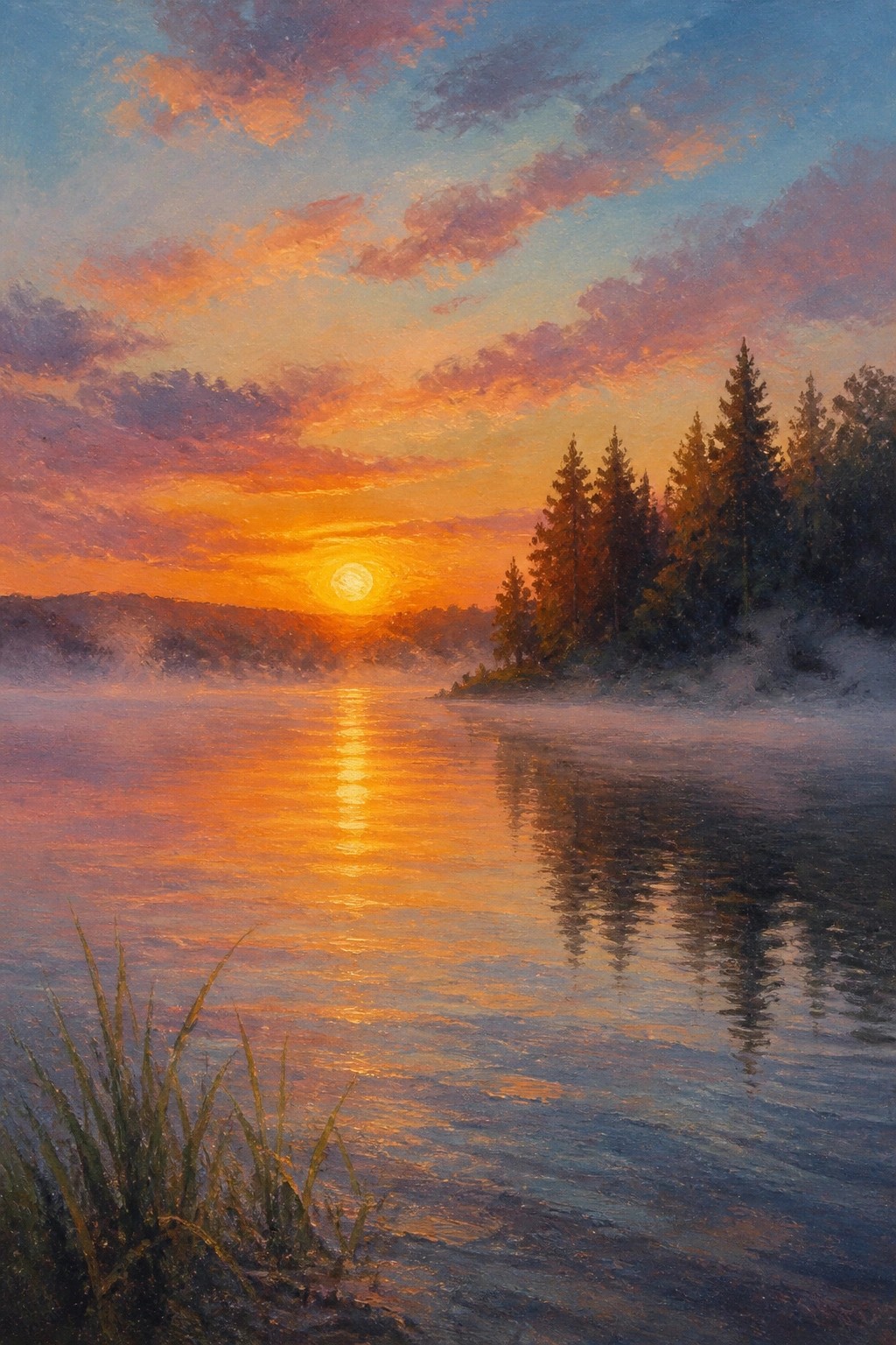 An oil painting of a sunset over a calm lake with pine trees on the right bank, mist in the distance, and colorful clouds reflecting on the water.