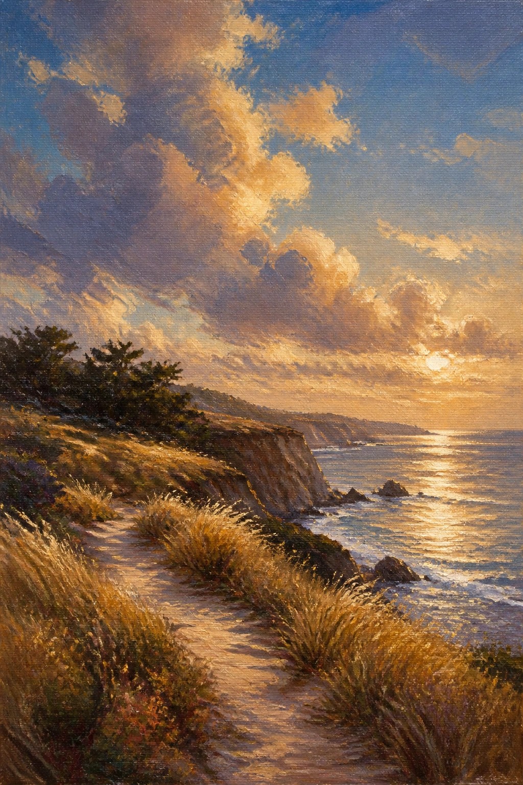 Sunset over ocean cliffs with winding path and golden clouds