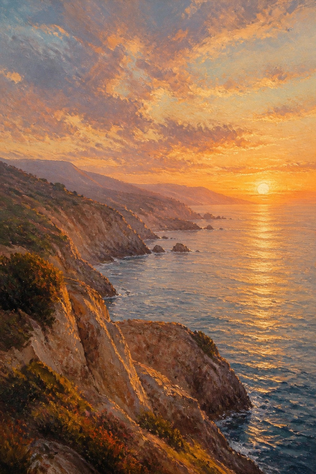 An oil painting of a sunset over the ocean from a viewpoint on rocky cliffs, with layered orange and blue clouds filling the sky.