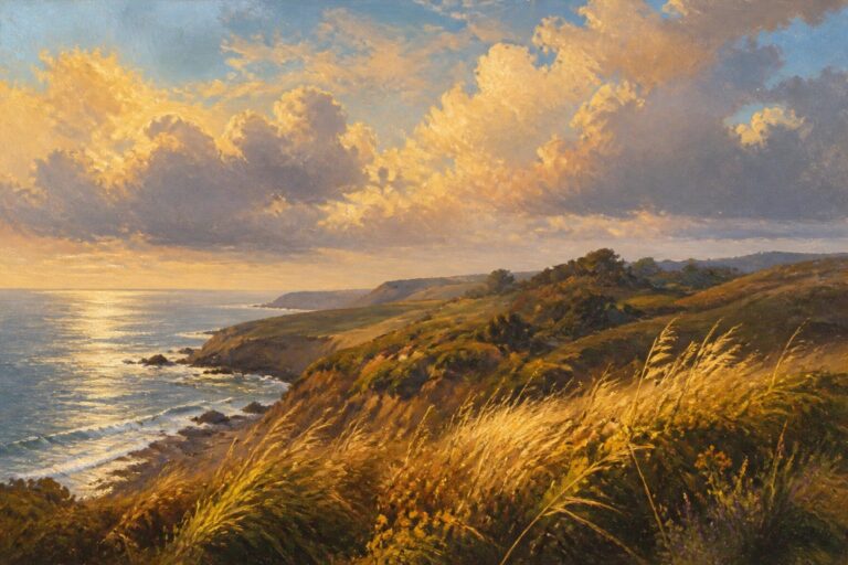 Sunset over ocean cliffs with winding path and golden clouds