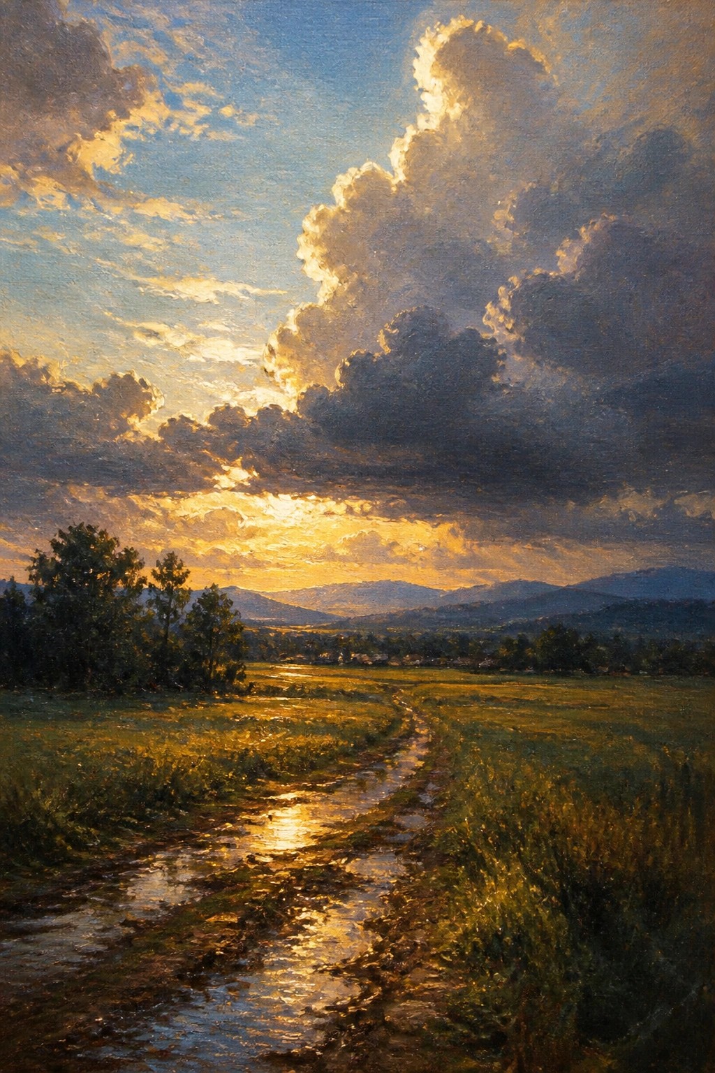 Dramatic sunset with golden light reflecting on a muddy path through green fields
