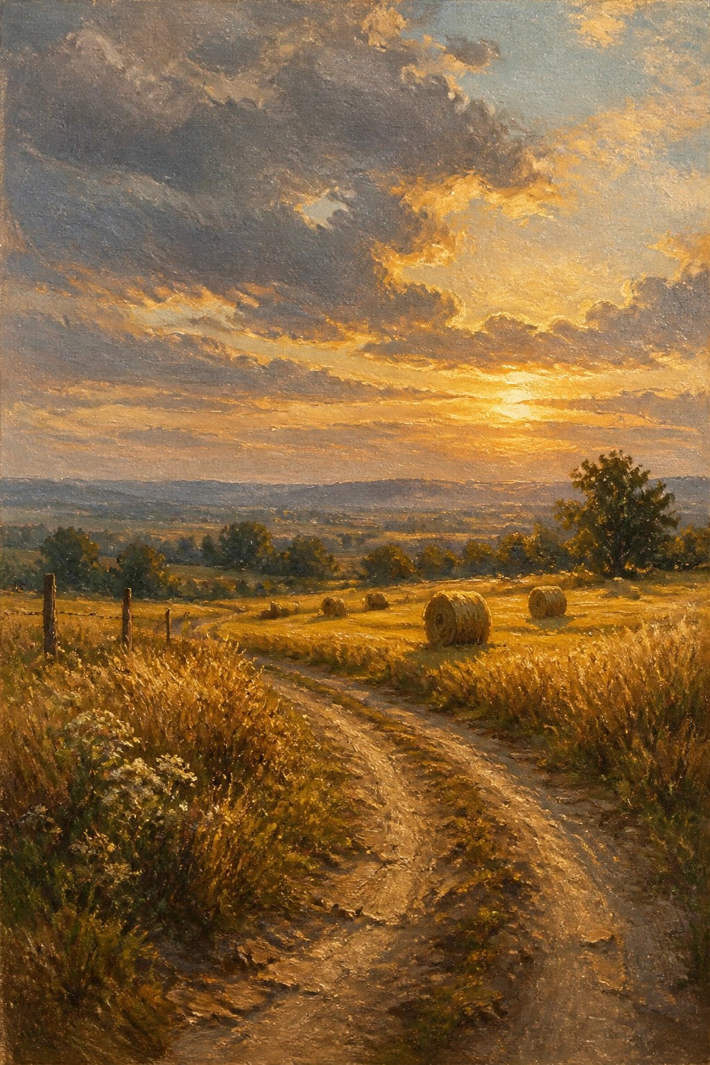 Golden sunset over rolling fields with hay bales and winding dirt path, oil painting.
