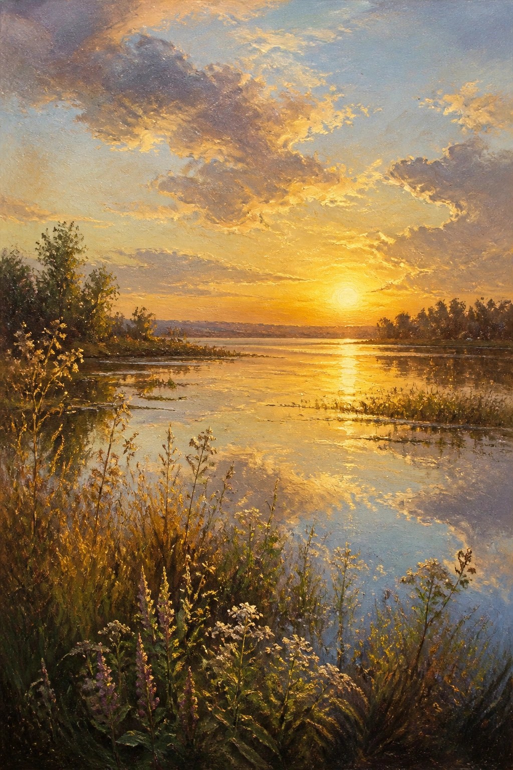 Sunset over calm waters with golden reflections and lush wildflowers in foreground.