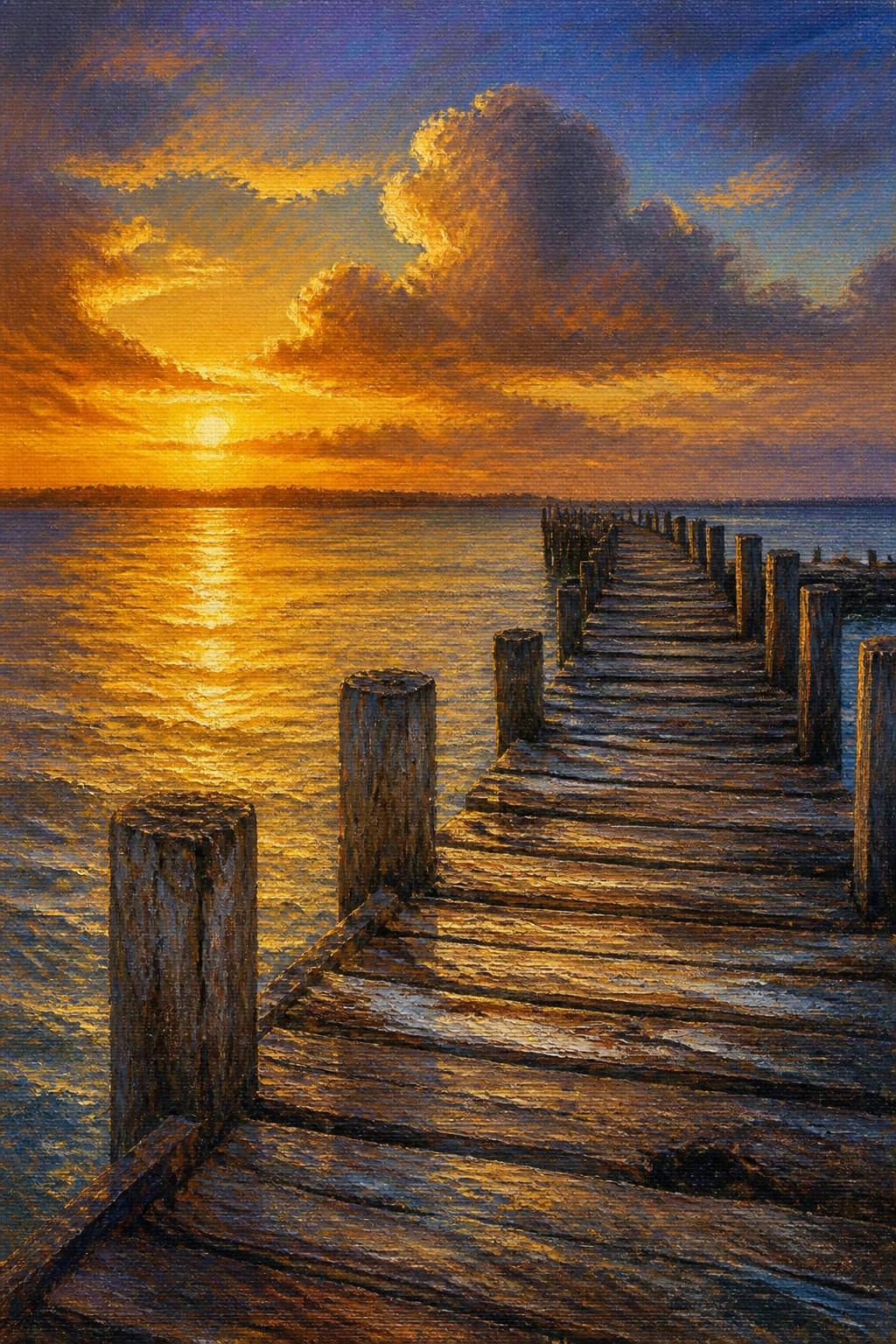 Wooden pier extending into golden waters under a vibrant sunset sky