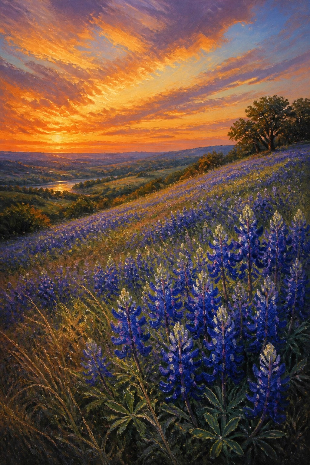 An oil painting of blue wildflowers covering a hillside at sunset with orange and purple clouds over distant hills and a river.