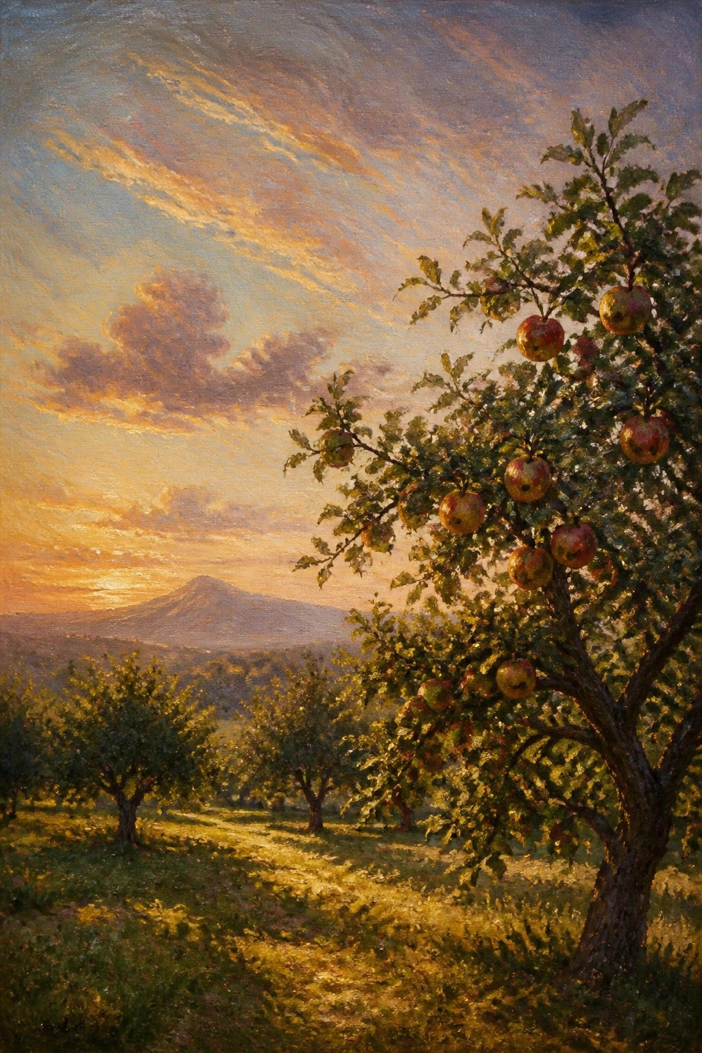 Sunset over apple orchard with ripe red fruit on foreground tree and distant mountain