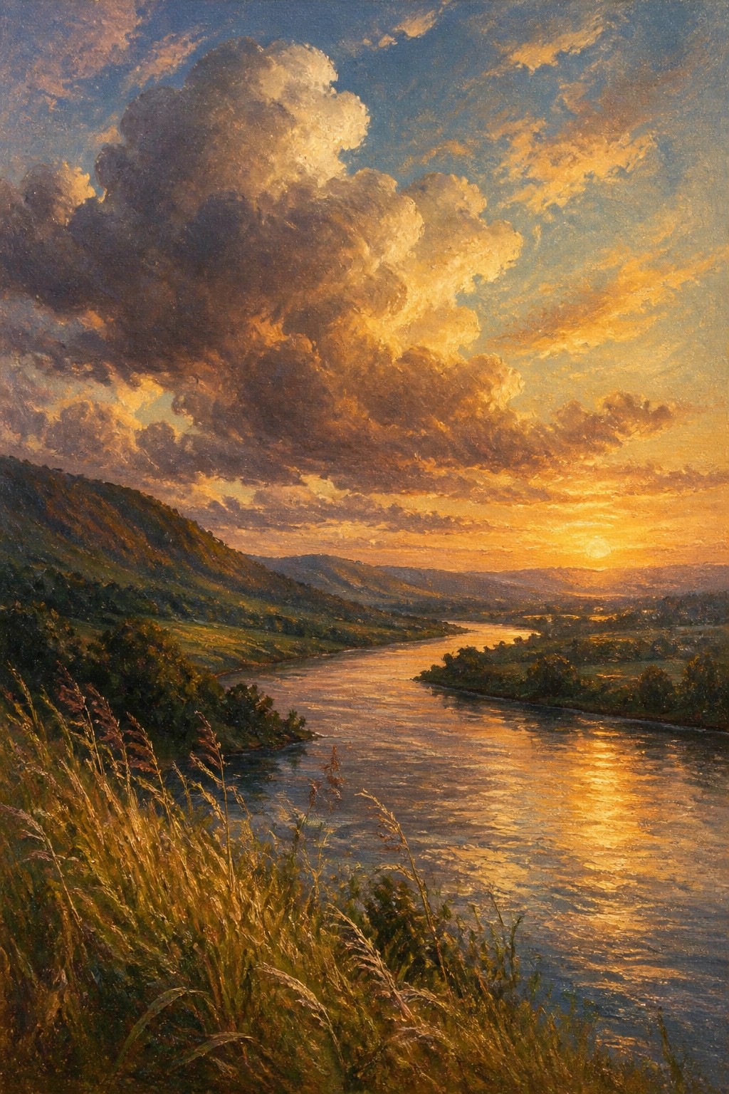 Sunset over winding river with golden clouds reflecting on water and green hills
