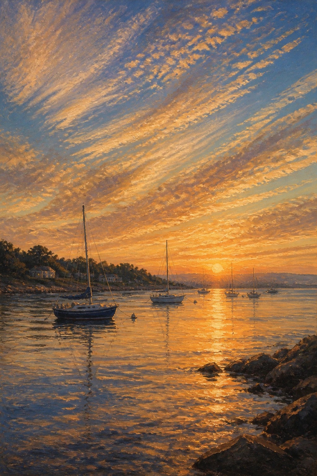 Golden sunset over sailboats moored in calm harbor, orange reflections on water, rocky shore.