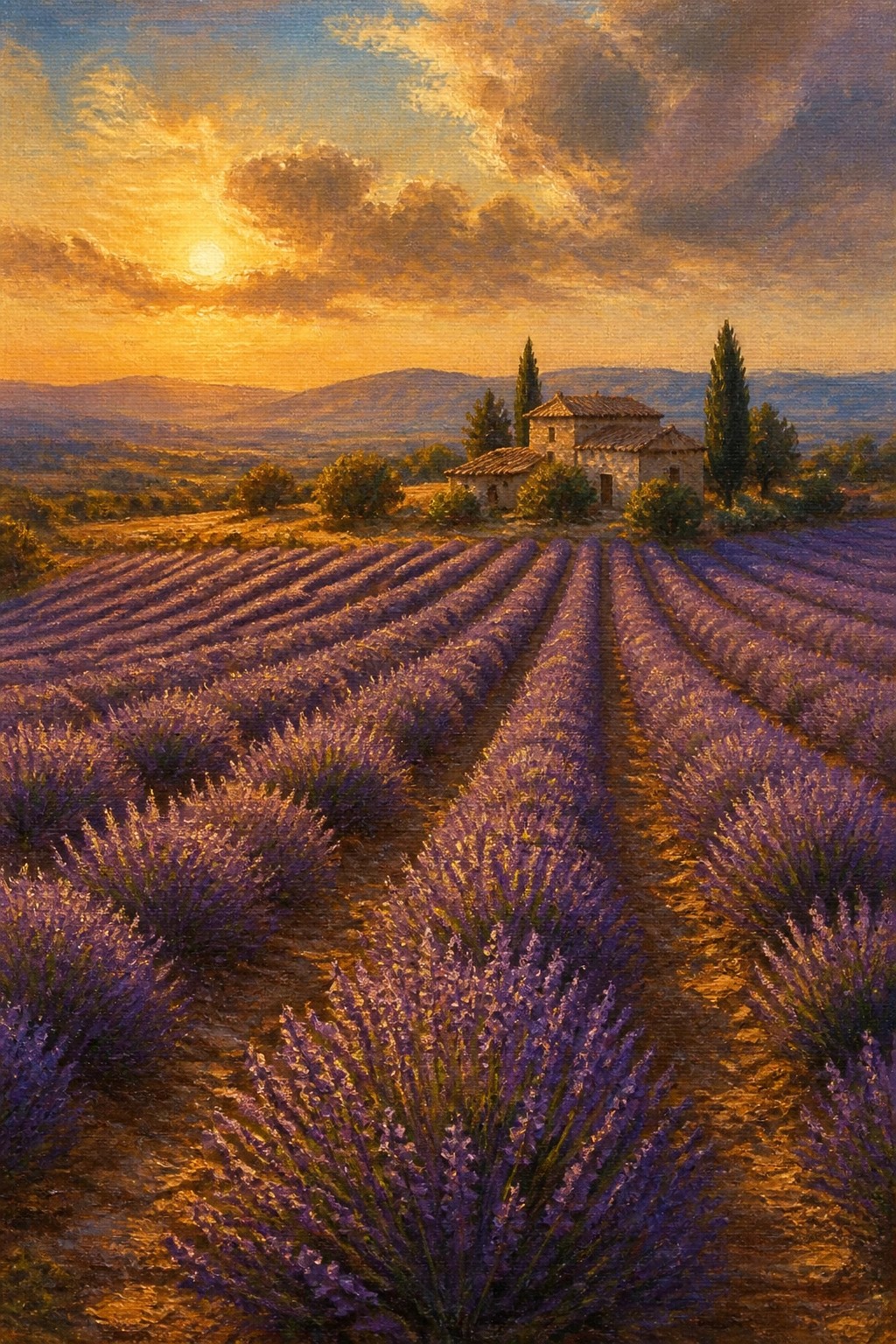 Lavender fields at sunset with stone house, cypress trees, and golden hills.