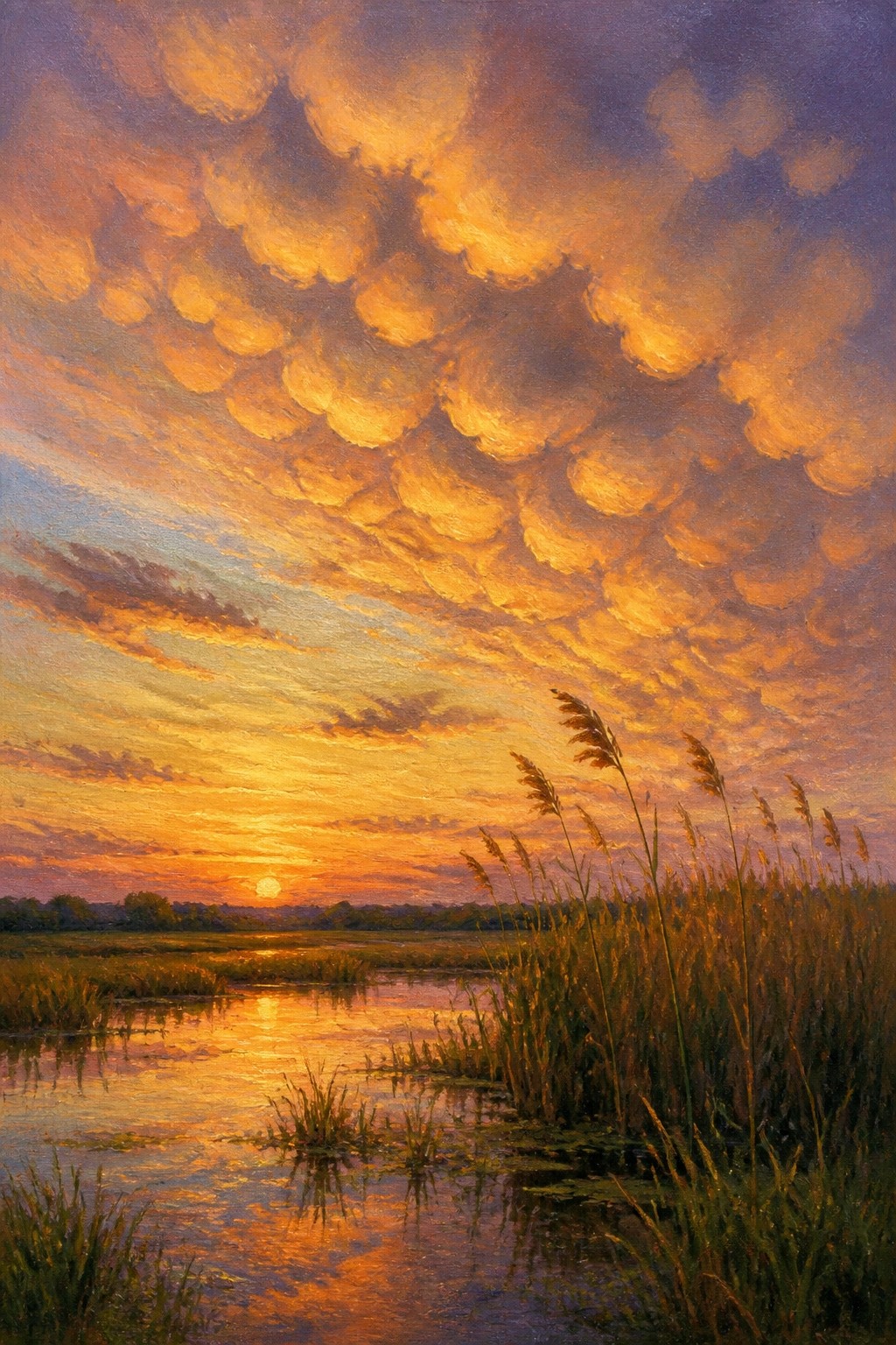 Oil painting of a sunset over a marsh with golden clouds, reflective water, and tall grasses.