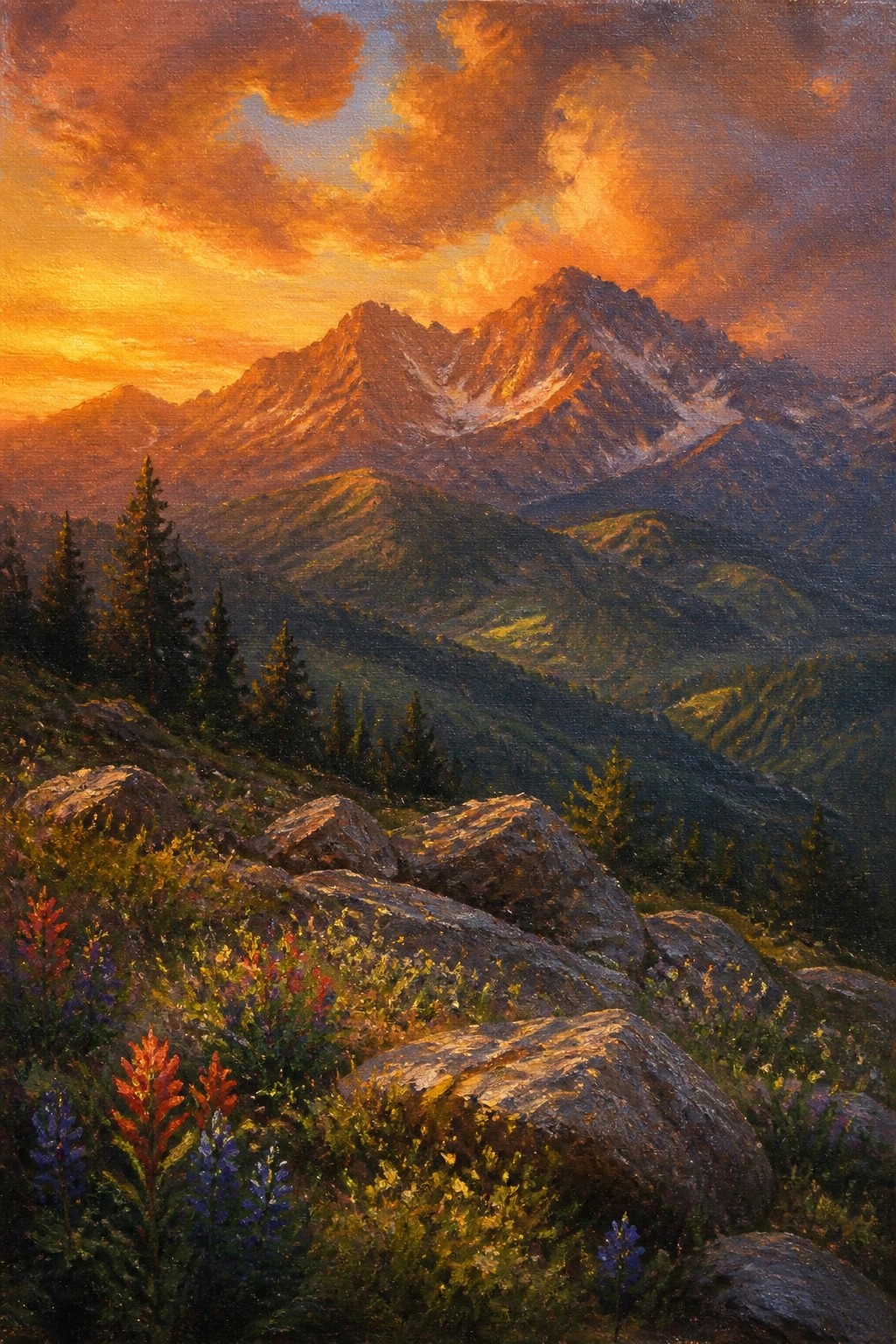 An oil painting of rugged mountains at sunset with bright orange clouds above a green valley and wildflowers in the foreground.