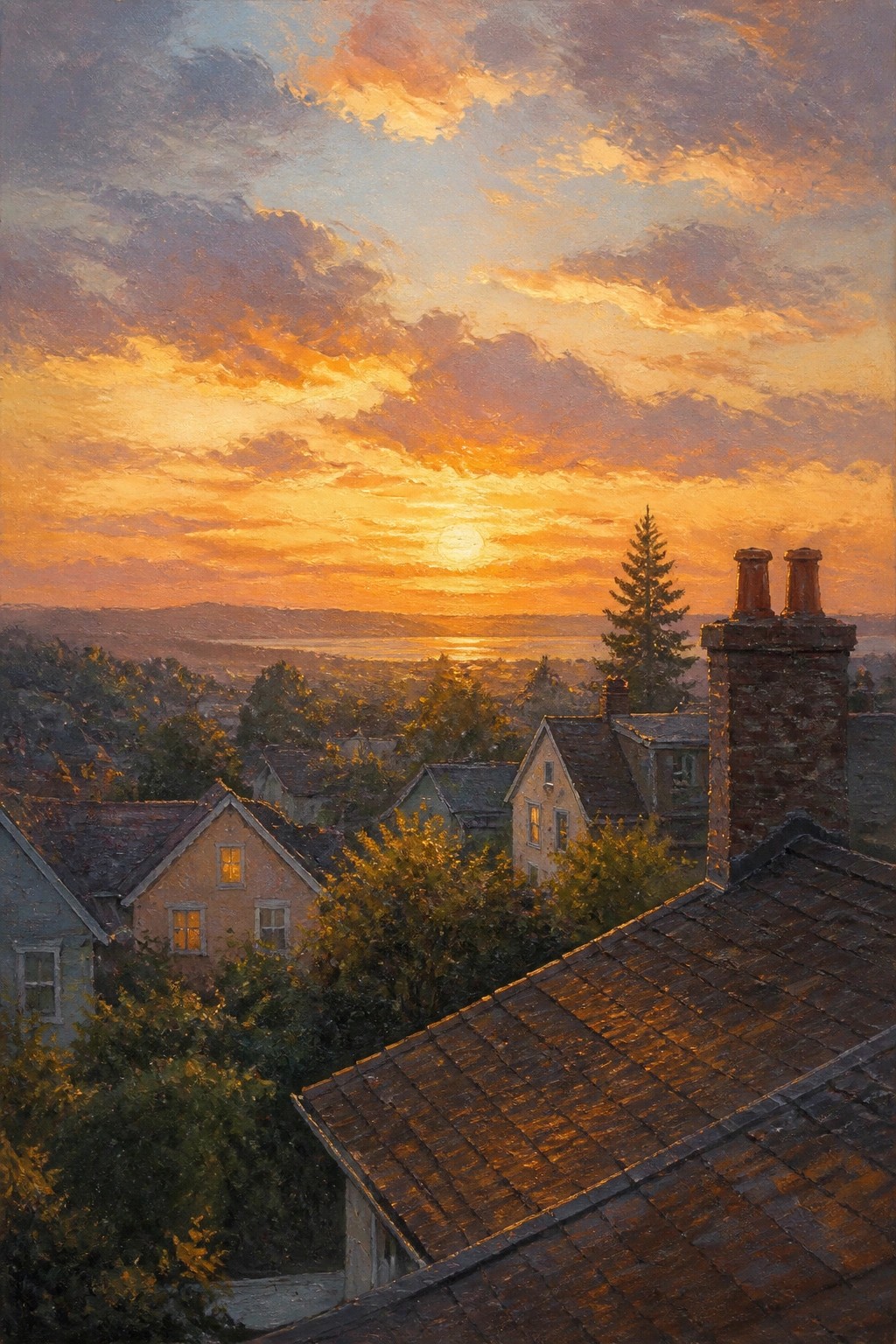 Vibrant sunset over coastal town rooftops, chimneys, and glowing house windows.